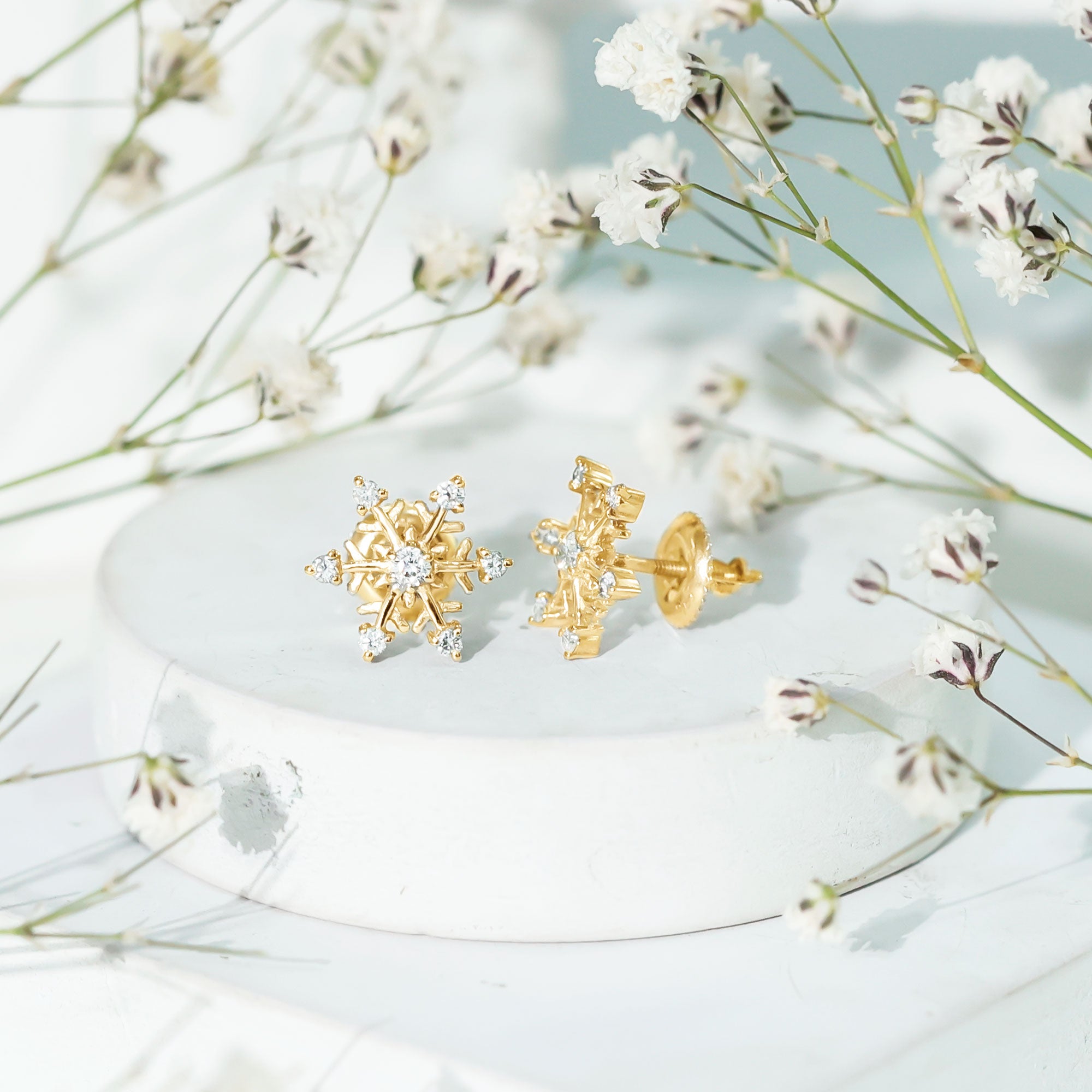 Diamond Snowflake Christmas Earrings Natural - ( HI-SI ) - Rosec Jewels
