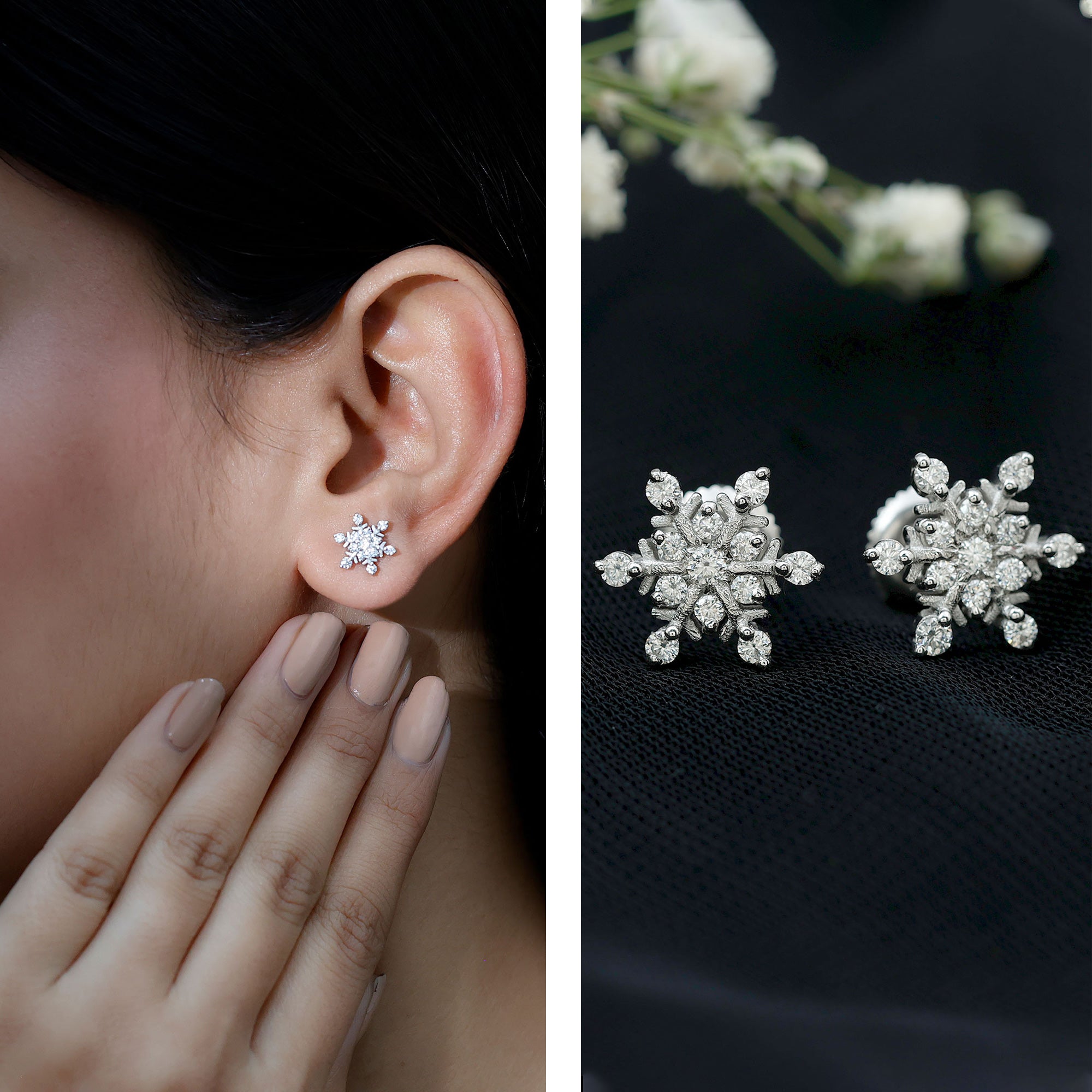 Moissanite Snowflake Stud Earrings for Her D-VS1 - Rosec Jewels