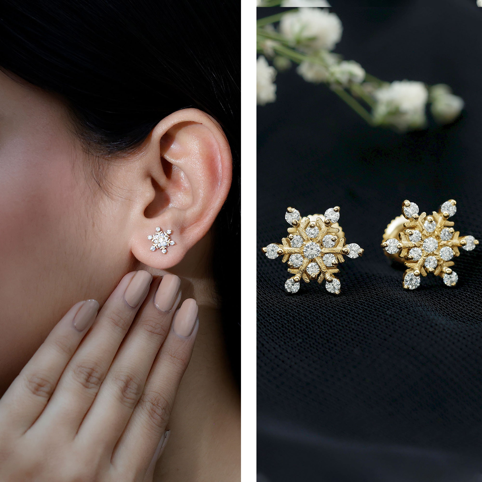 Moissanite Snowflake Stud Earrings for Her D-VS1 - Rosec Jewels
