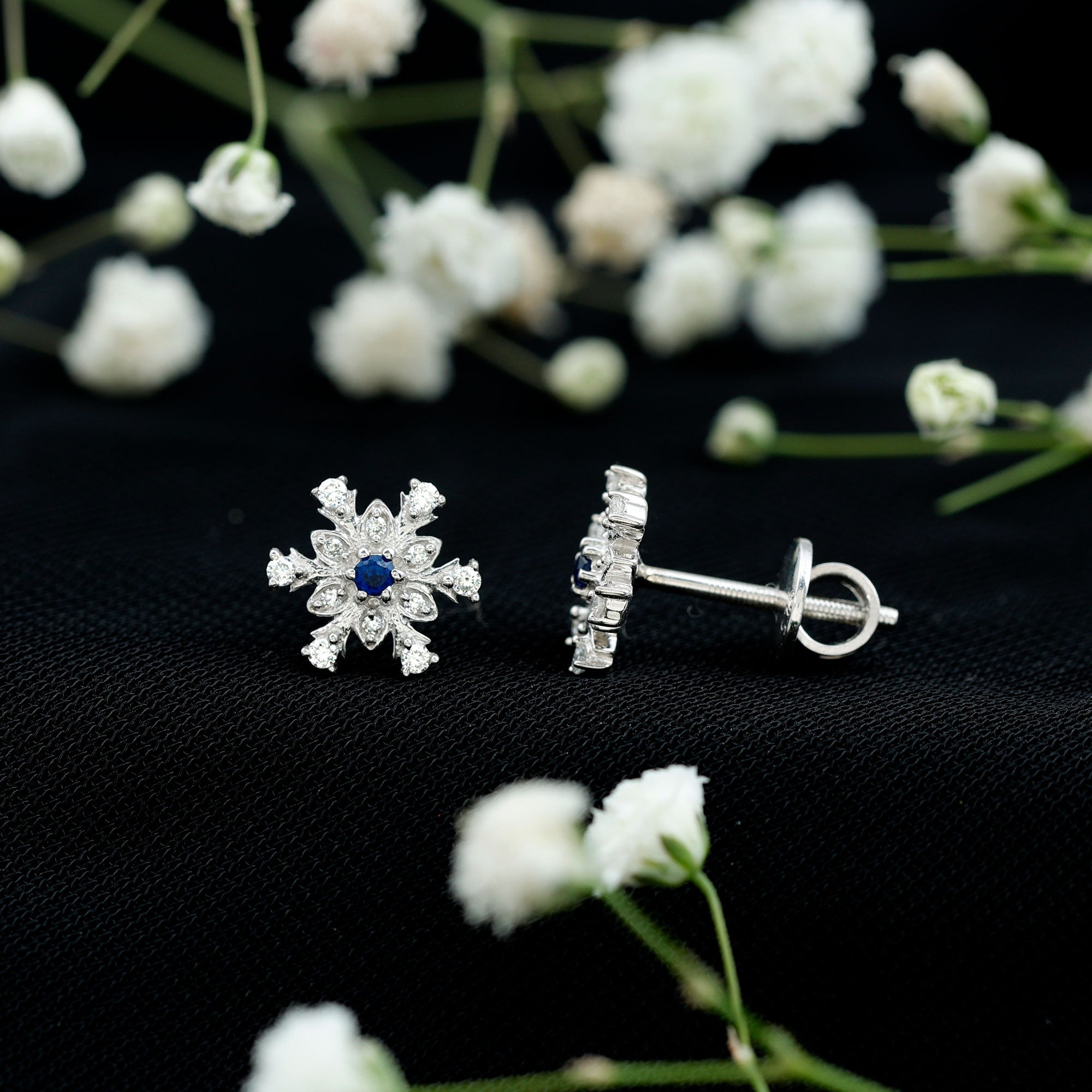 Created Blue Sapphire Snowflake Stud Earrings with Moissanite AAAA - Rosec Jewels