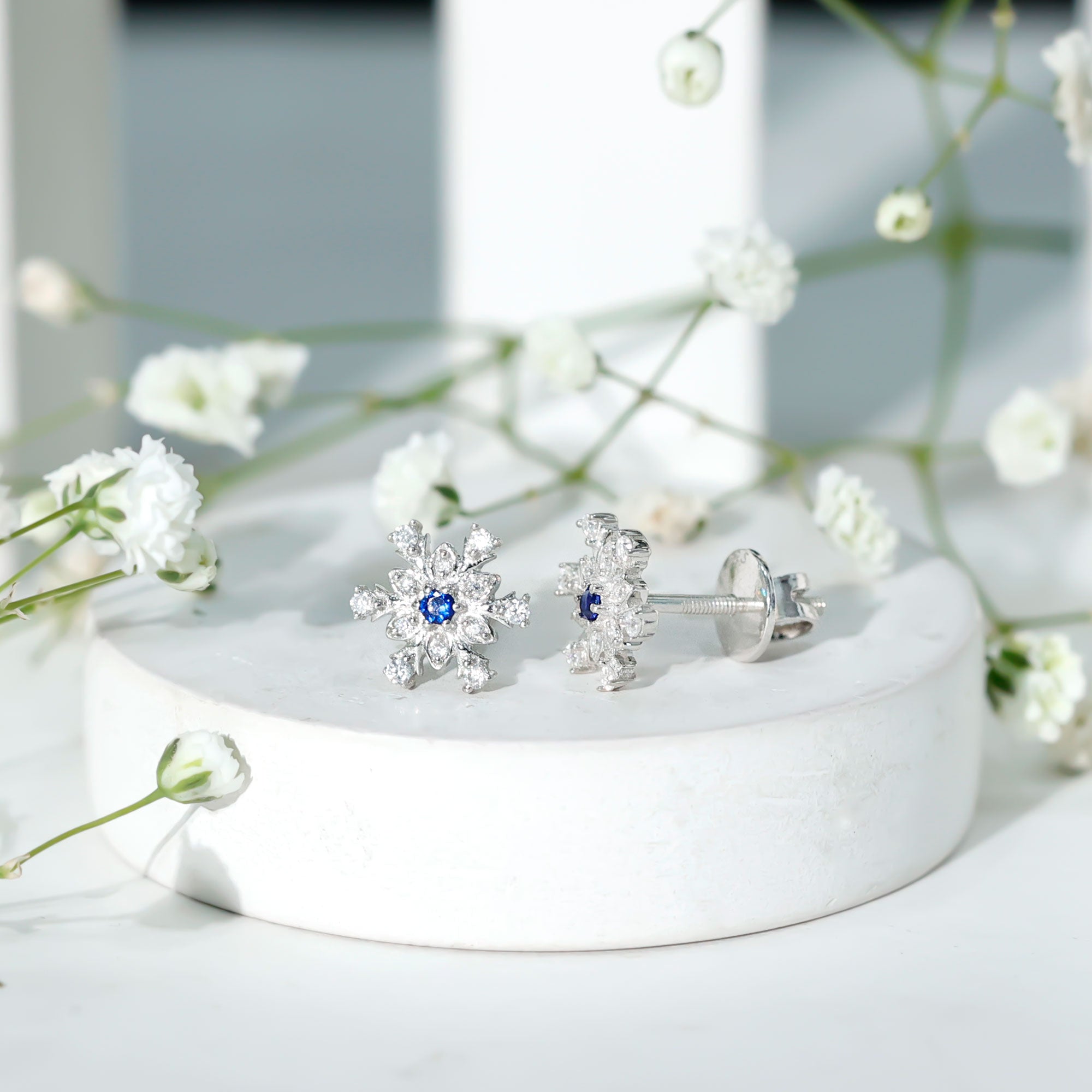 Created Blue Sapphire Snowflake Stud Earrings with Moissanite AAAA - Rosec Jewels
