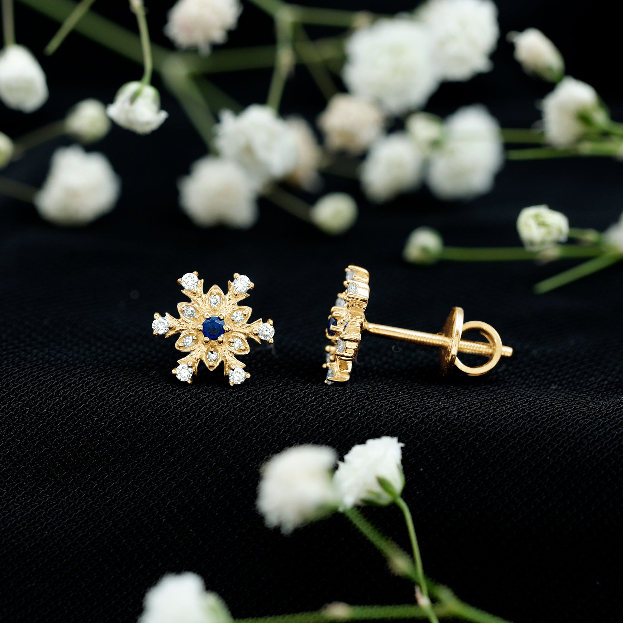 Created Blue Sapphire Snowflake Stud Earrings with Moissanite AAAA - Rosec Jewels