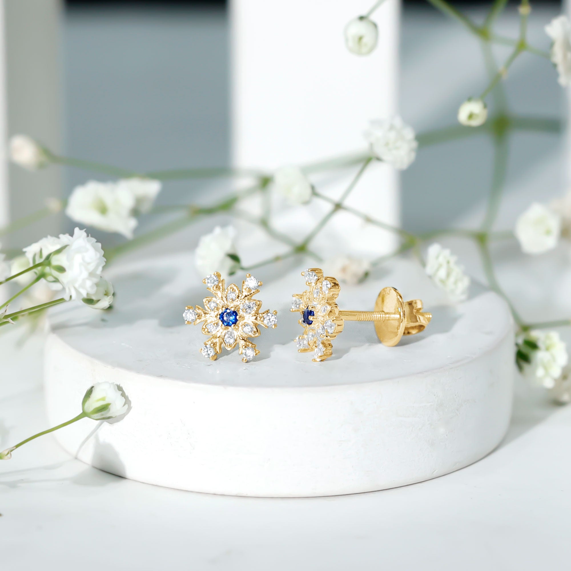Created Blue Sapphire Snowflake Stud Earrings with Moissanite AAAA - Rosec Jewels