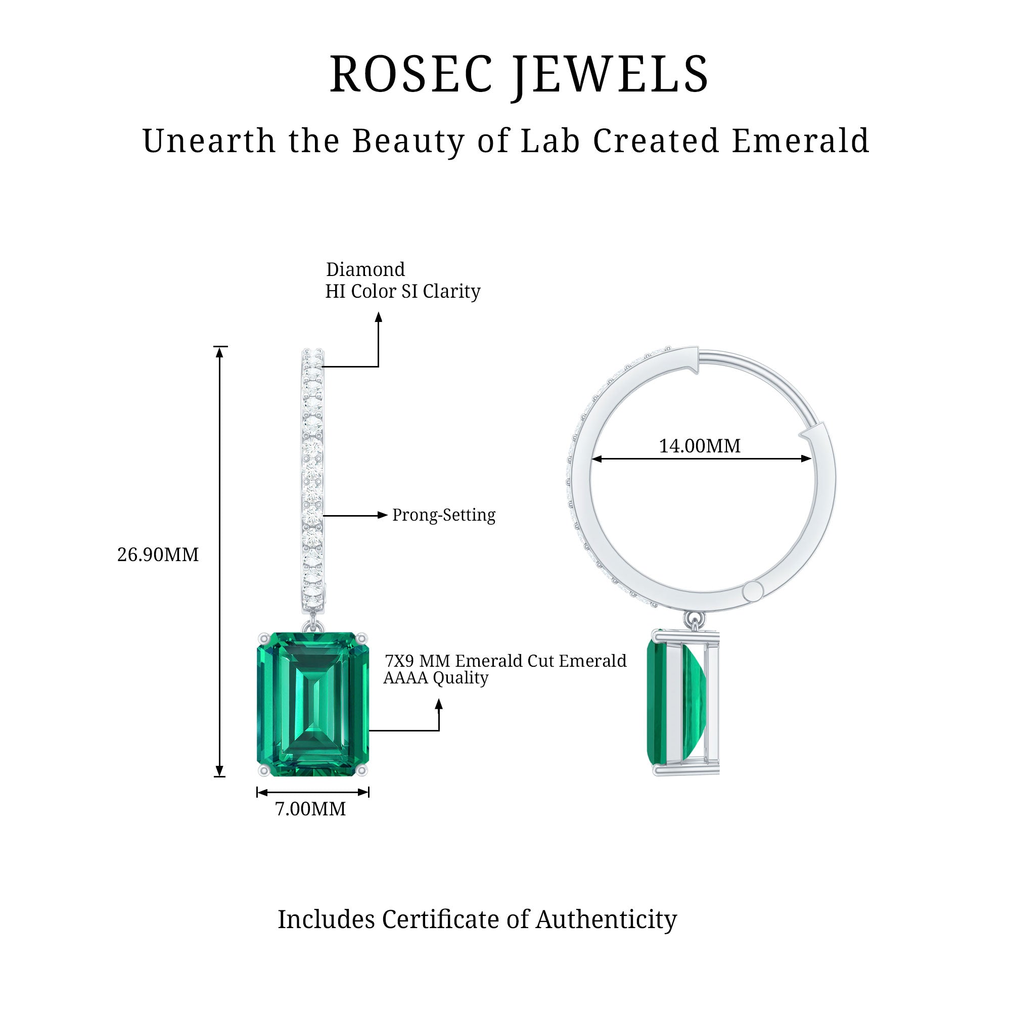 5 CT Lab Grown Emerald Hoop Dangle Earrings with Diamond AAAA - Rosec Jewels