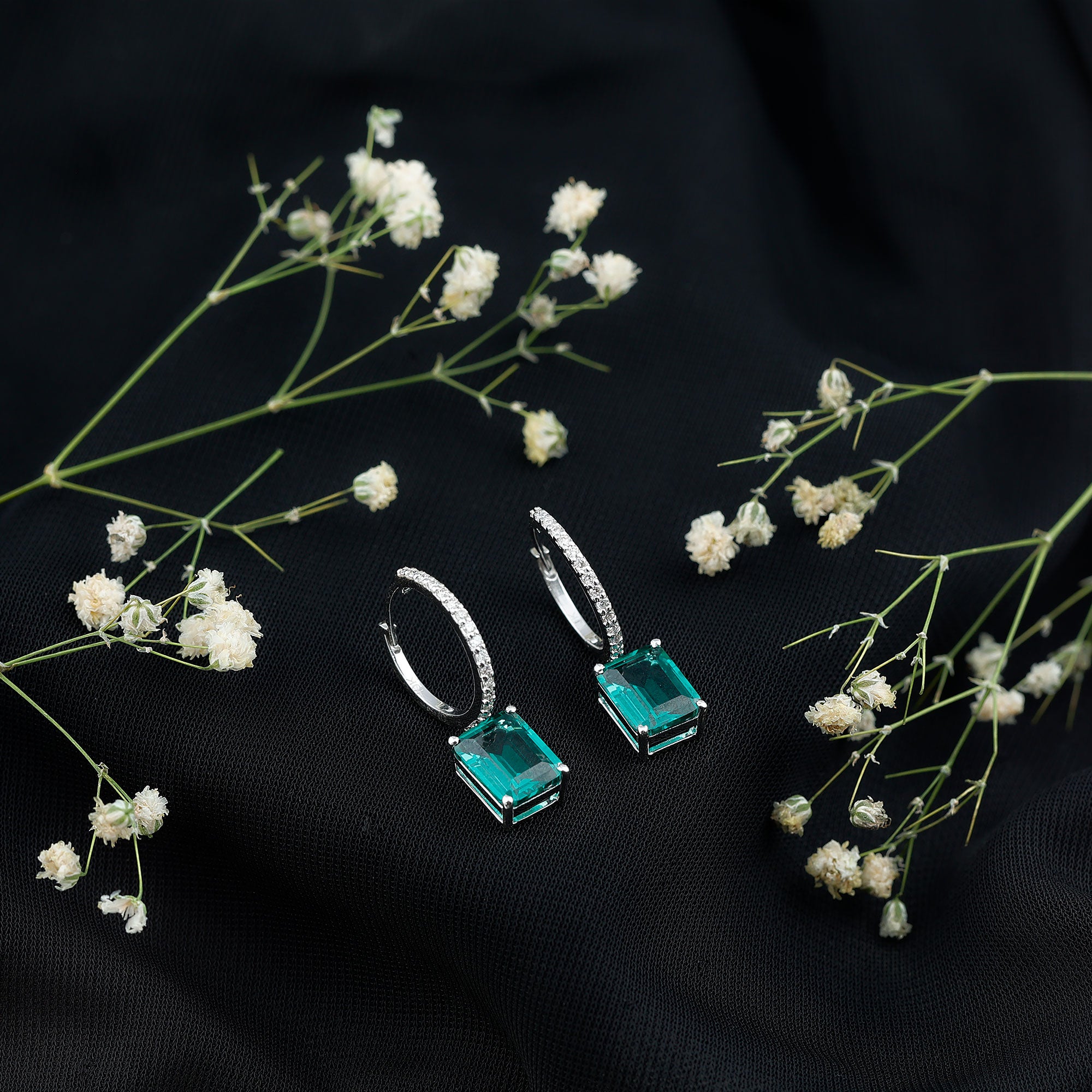 5 CT Lab Grown Emerald Hoop Dangle Earrings with Diamond AAAA - Rosec Jewels
