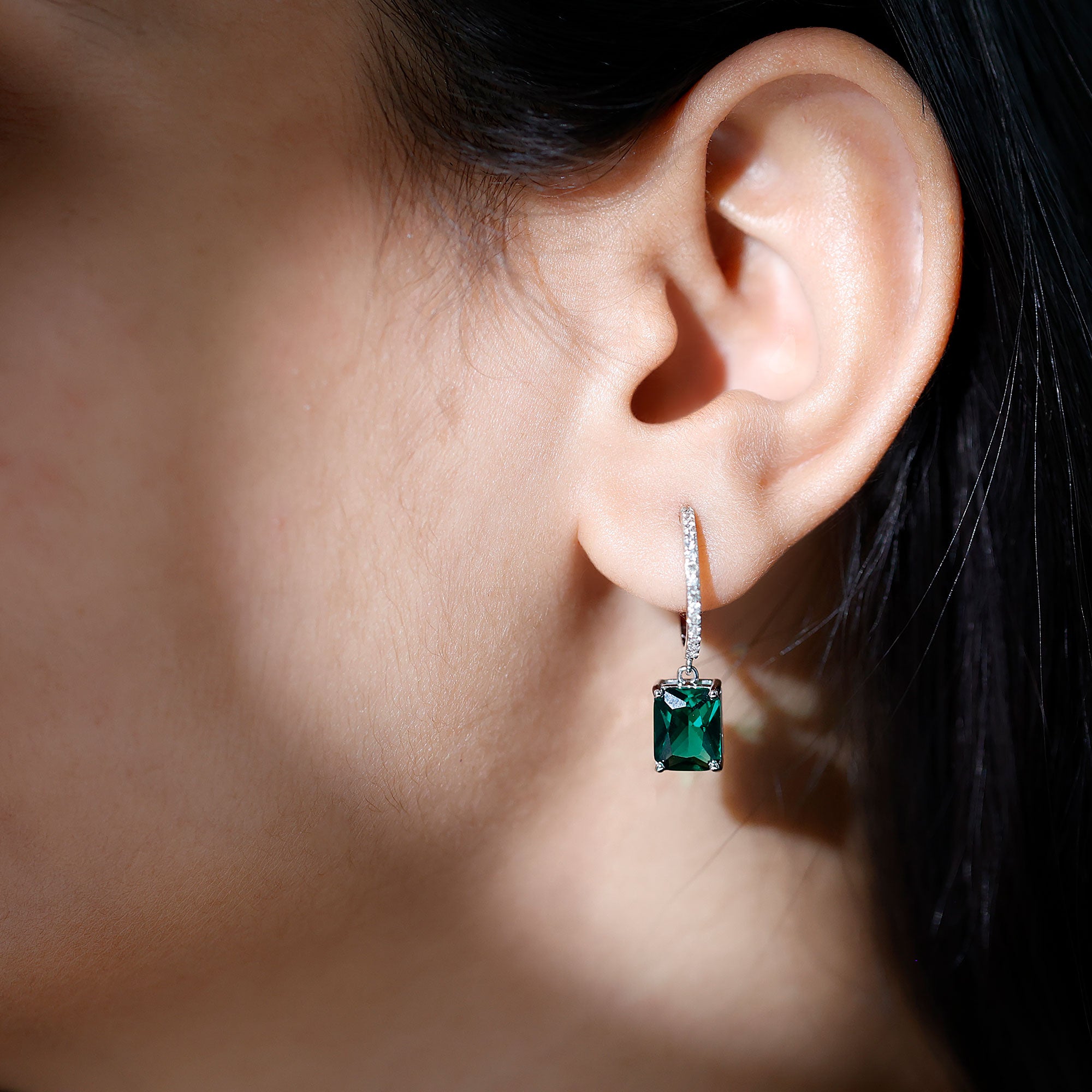 5 CT Lab Grown Emerald Hoop Dangle Earrings with Diamond AAAA - Rosec Jewels