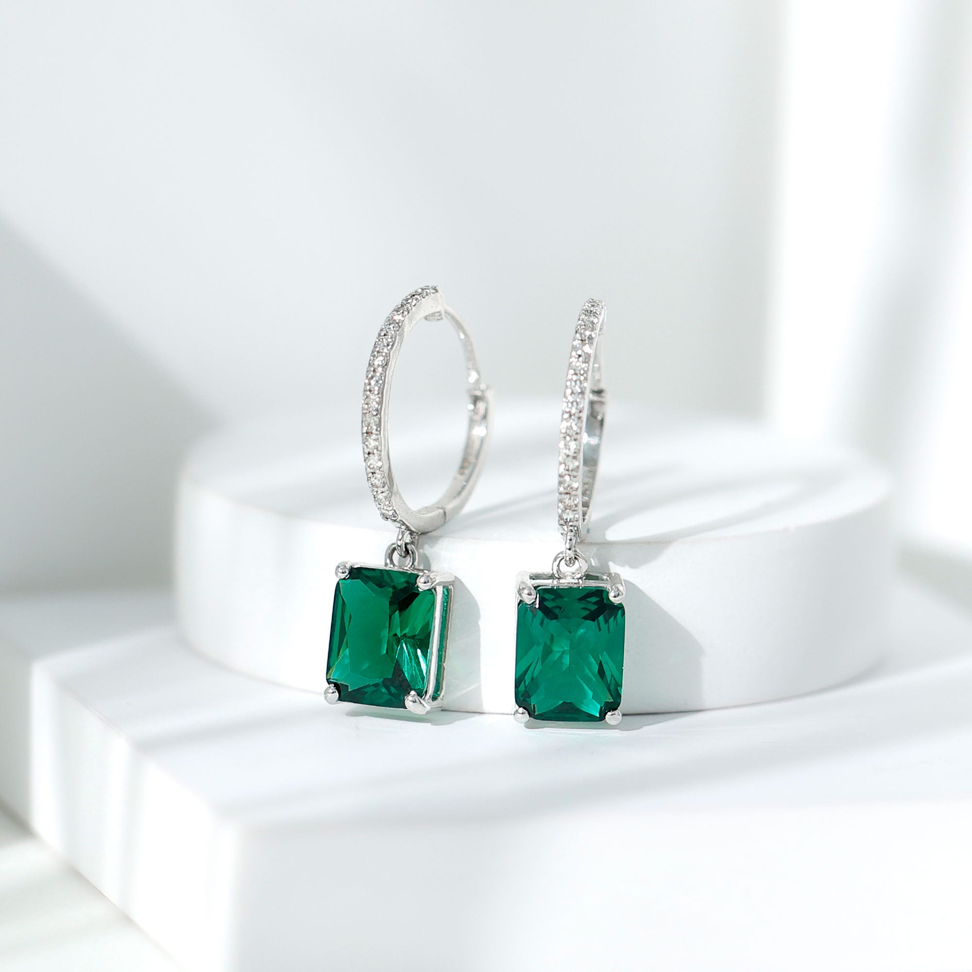 5 CT Lab Grown Emerald Hoop Dangle Earrings with Diamond AAAA - Rosec Jewels