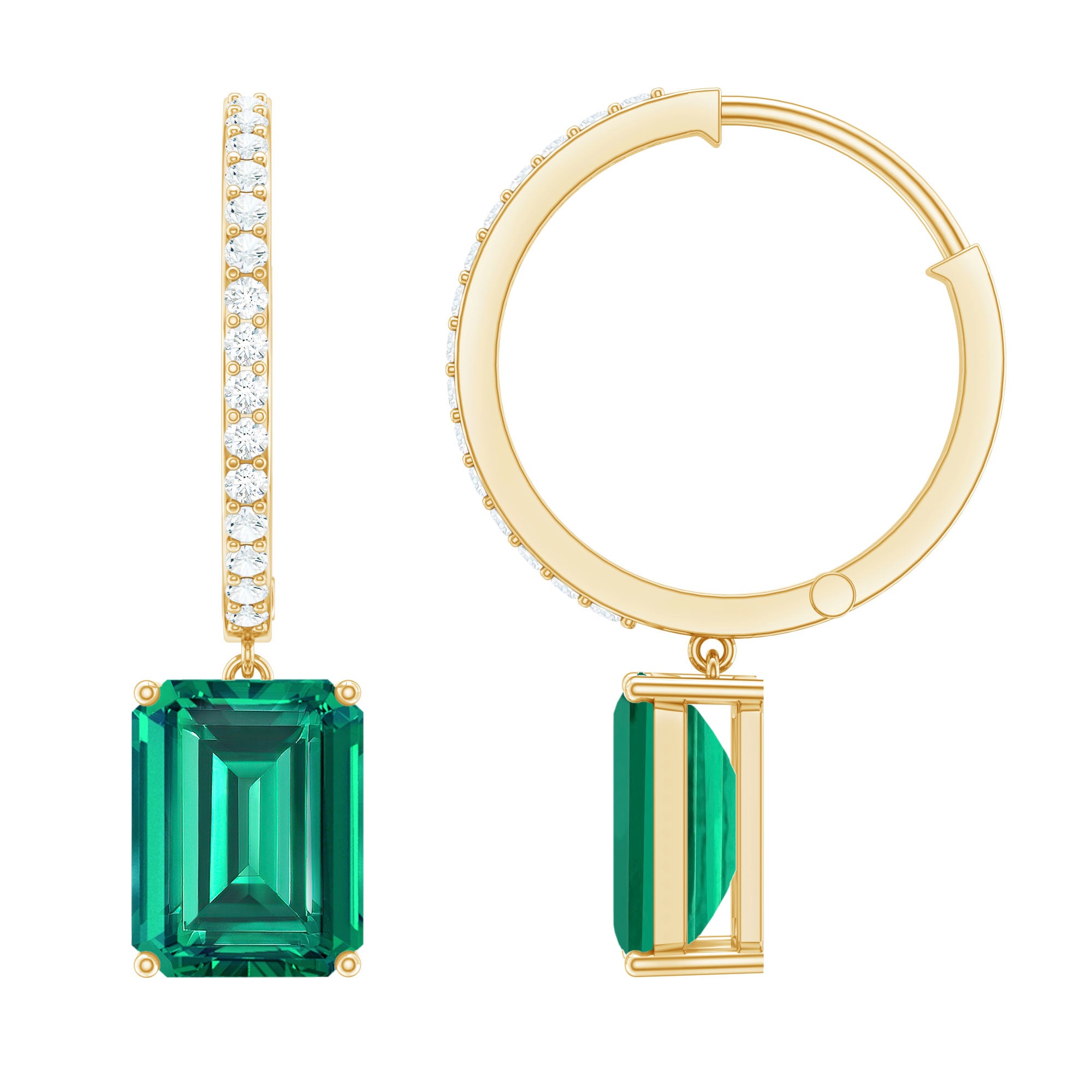 5 CT Lab Grown Emerald Hoop Dangle Earrings with Diamond AAAA - Rosec Jewels