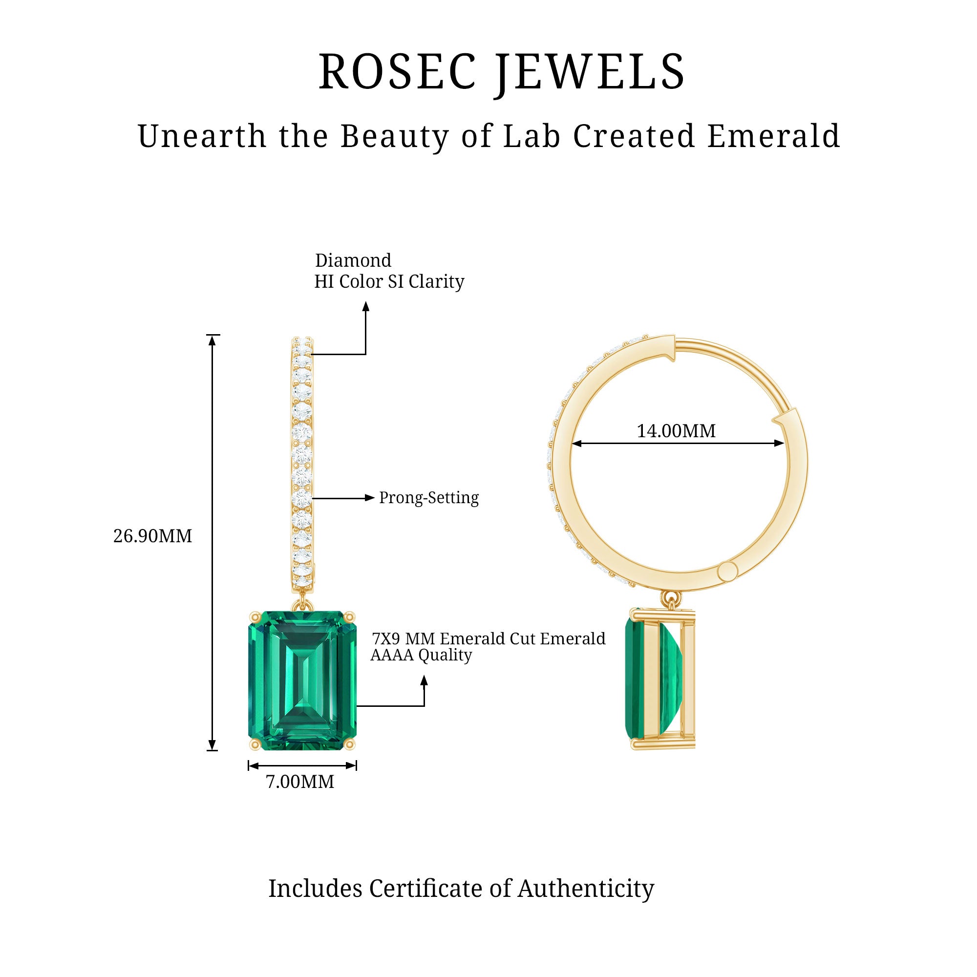 5 CT Lab Grown Emerald Hoop Dangle Earrings with Diamond AAAA - Rosec Jewels