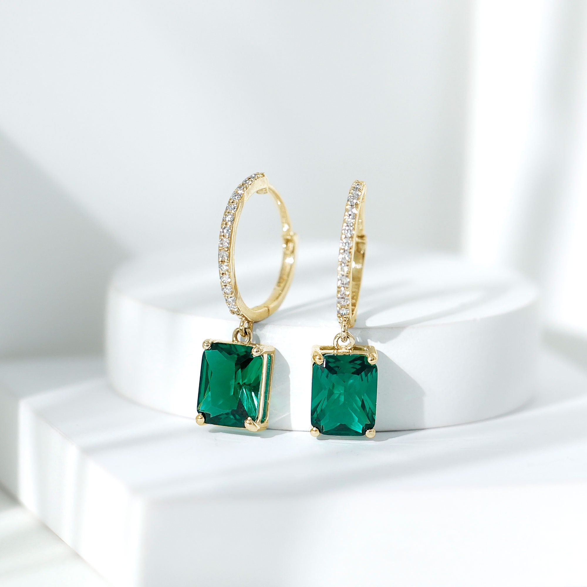 5 CT Lab Grown Emerald Hoop Dangle Earrings with Diamond AAAA - Rosec Jewels