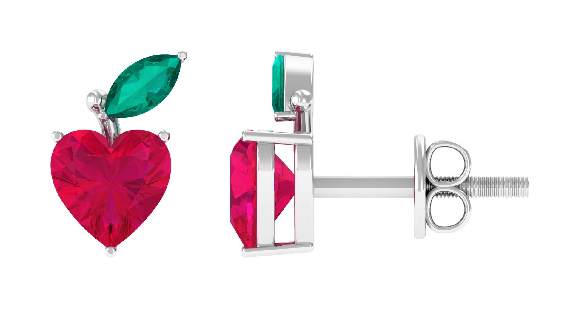 Heart Shape Ruby Strawberry Stud Earrings with Emerald AAA - Rosec Jewels