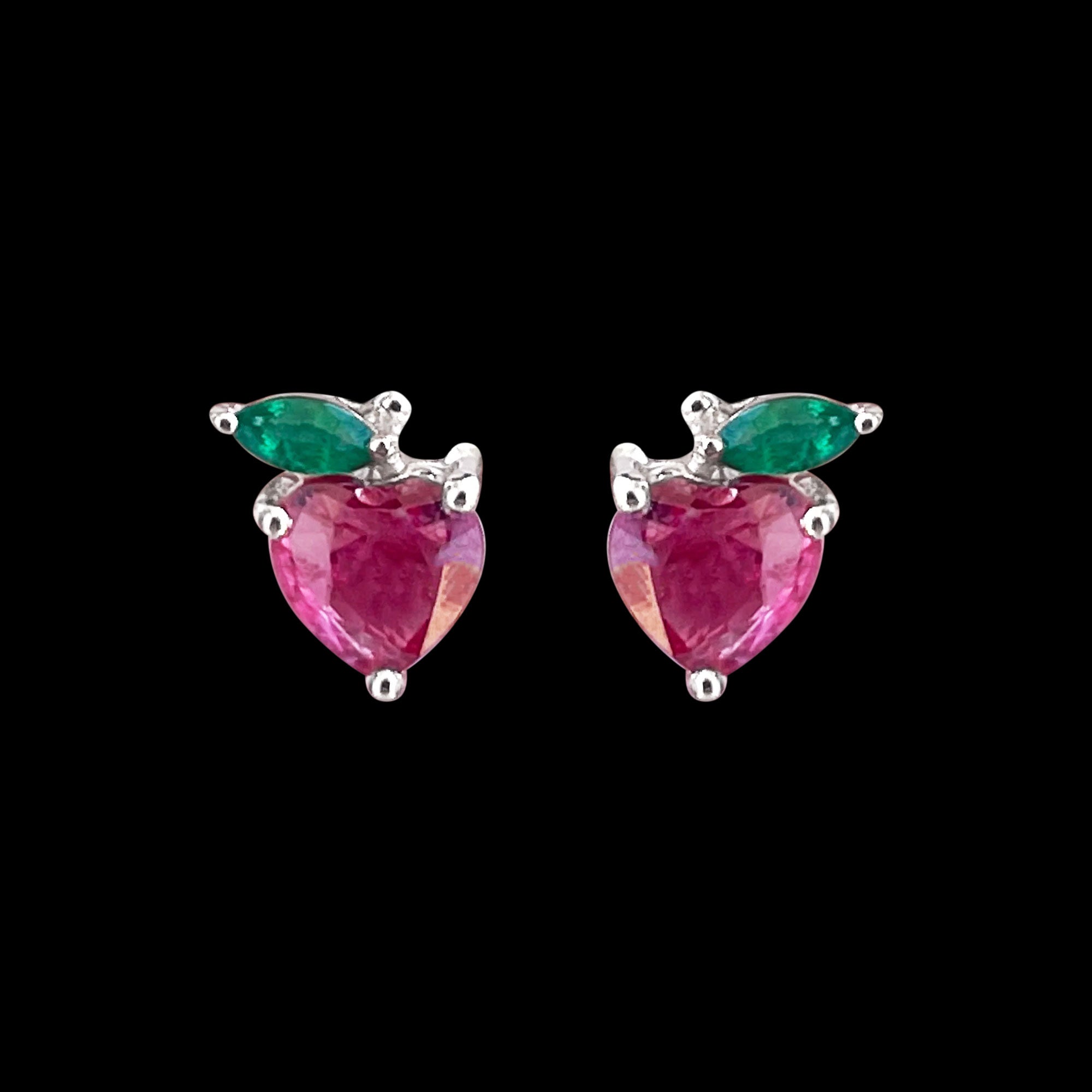 Heart Shape Ruby Strawberry Stud Earrings with Emerald AAA - Rosec Jewels