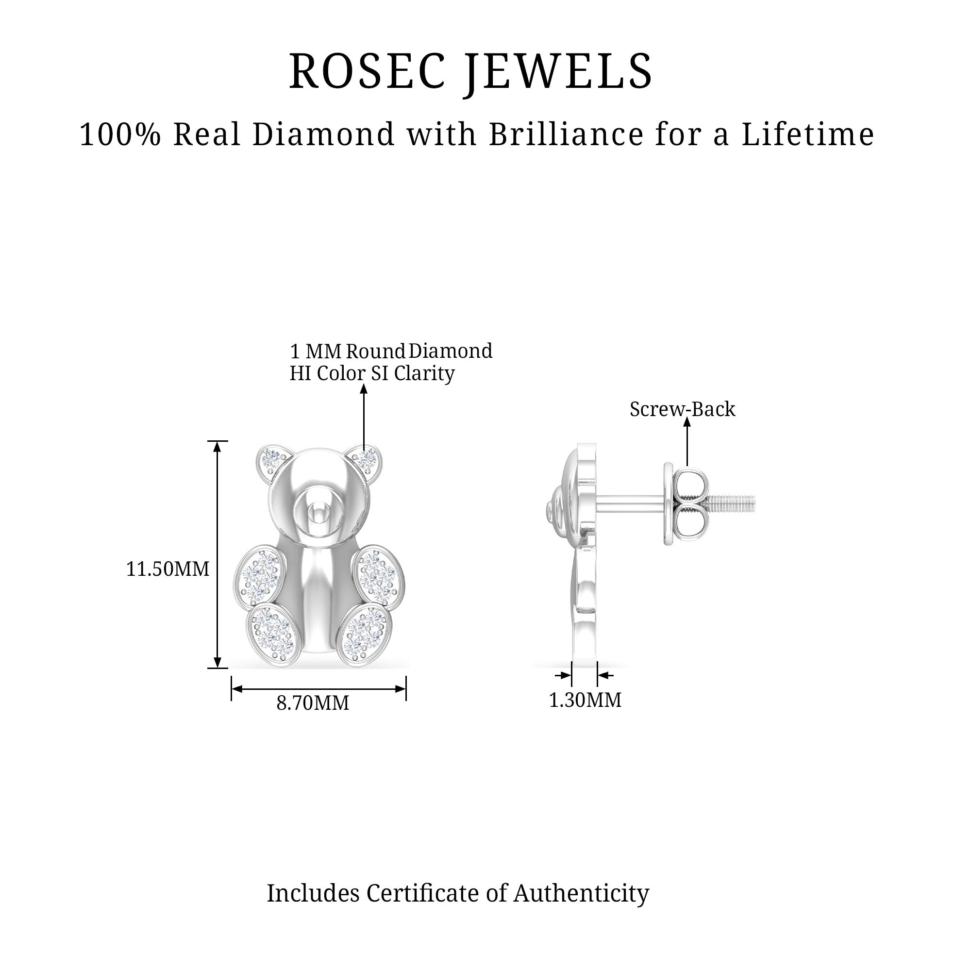 Teddy Bear Stud Earrings for Women with Diamonds Natural - ( HI-SI ) - Rosec Jewels