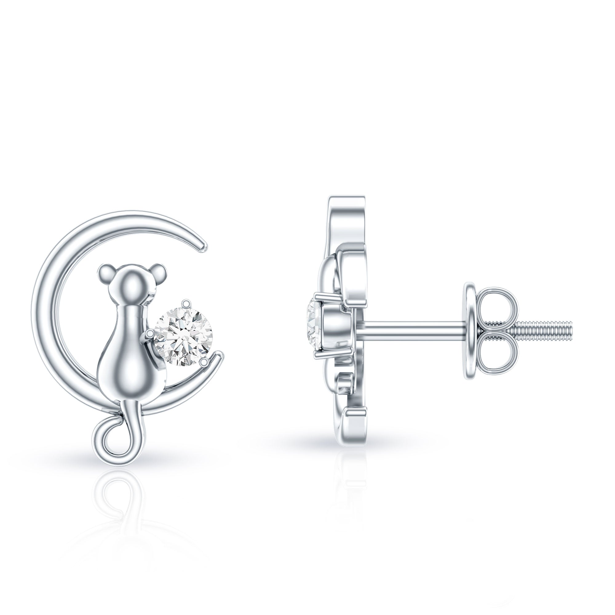 Diamond Cat Moon Stud Earrings for Women Natural - ( HI-SI ) - Rosec Jewels