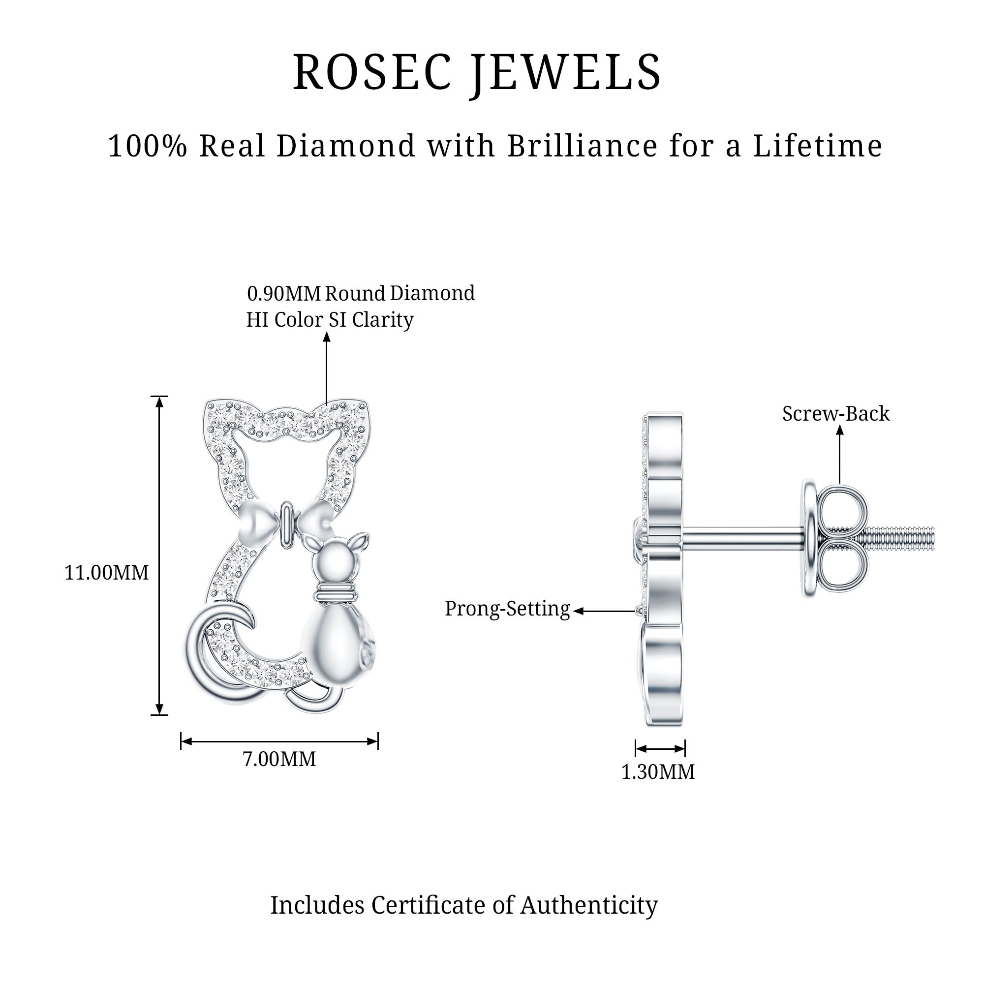 Certified Diamond Cat Stud Earrings Natural - ( HI-SI ) - Rosec Jewels