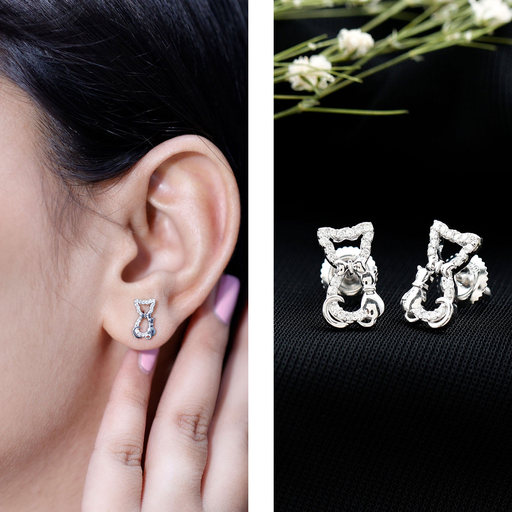 Certified Diamond Cat Stud Earrings Natural - ( HI-SI ) - Rosec Jewels