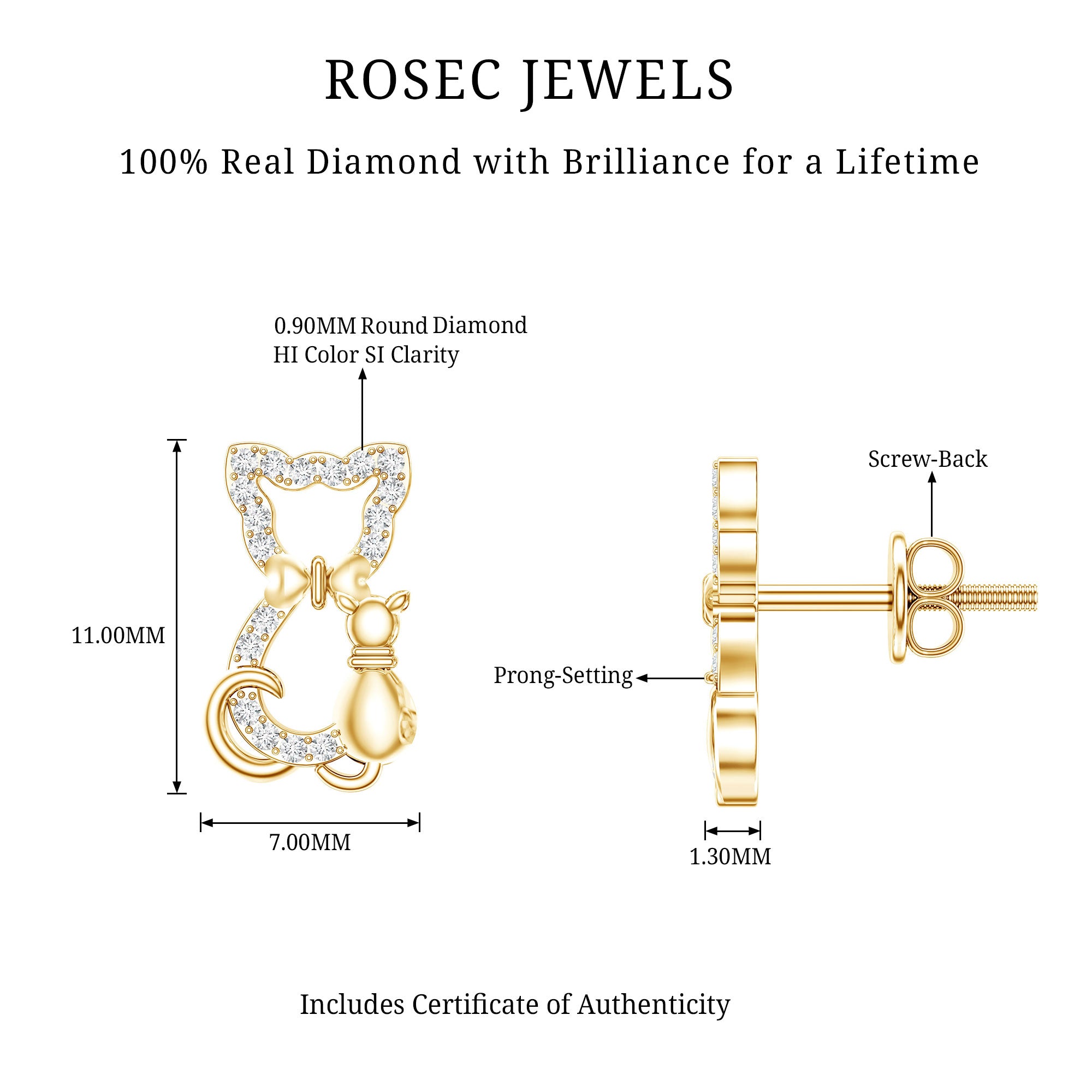 Certified Diamond Cat Stud Earrings Natural - ( HI-SI ) - Rosec Jewels