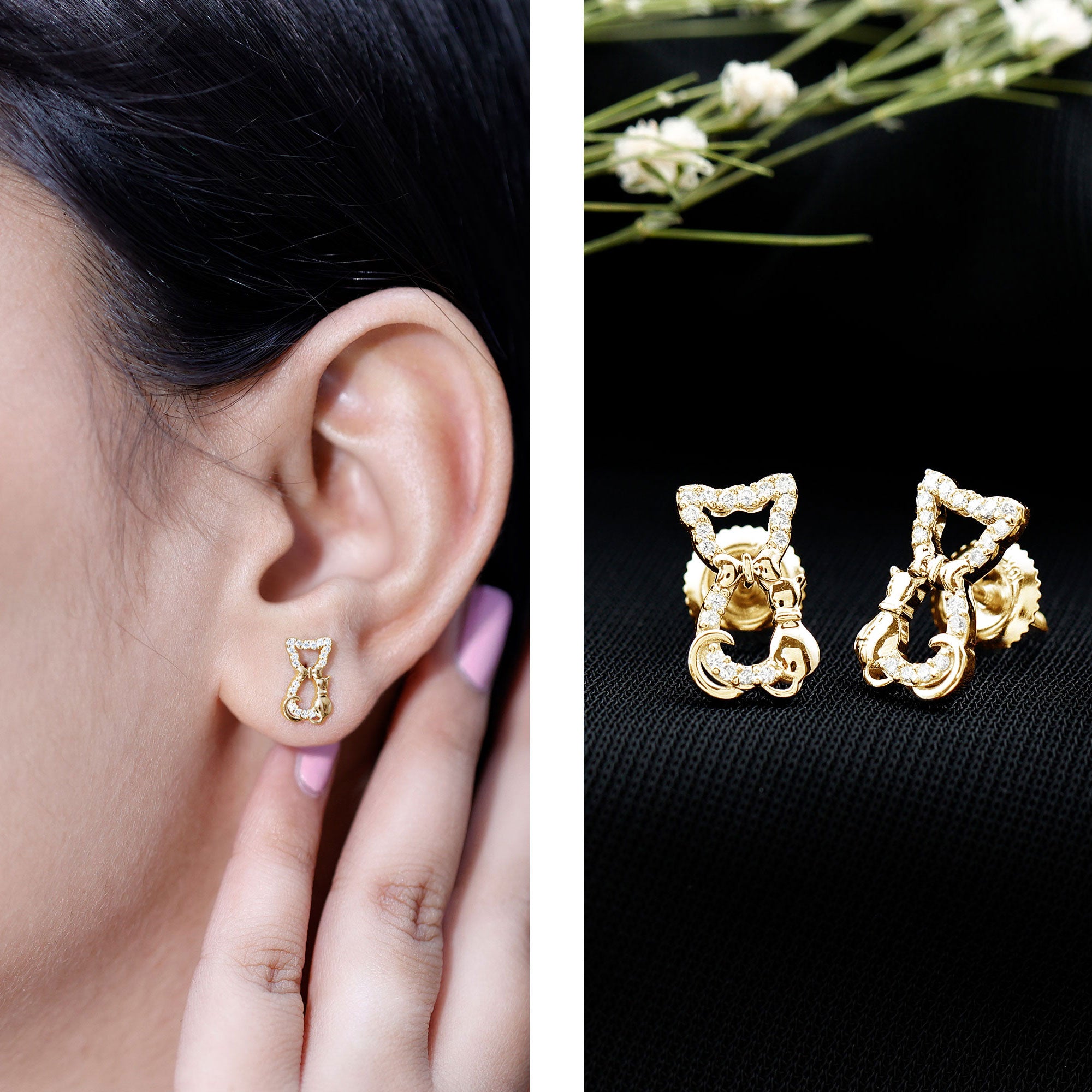 Certified Diamond Cat Stud Earrings Natural - ( HI-SI ) - Rosec Jewels