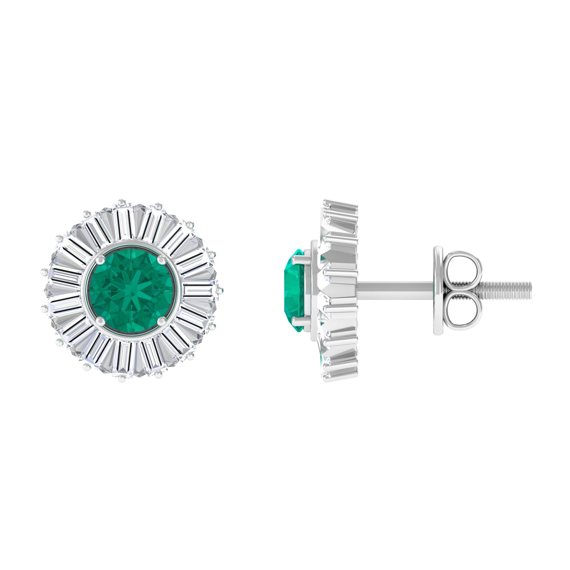 1 CT Prong Set Emerald Stud Earrings with Baguette Diamond Halo