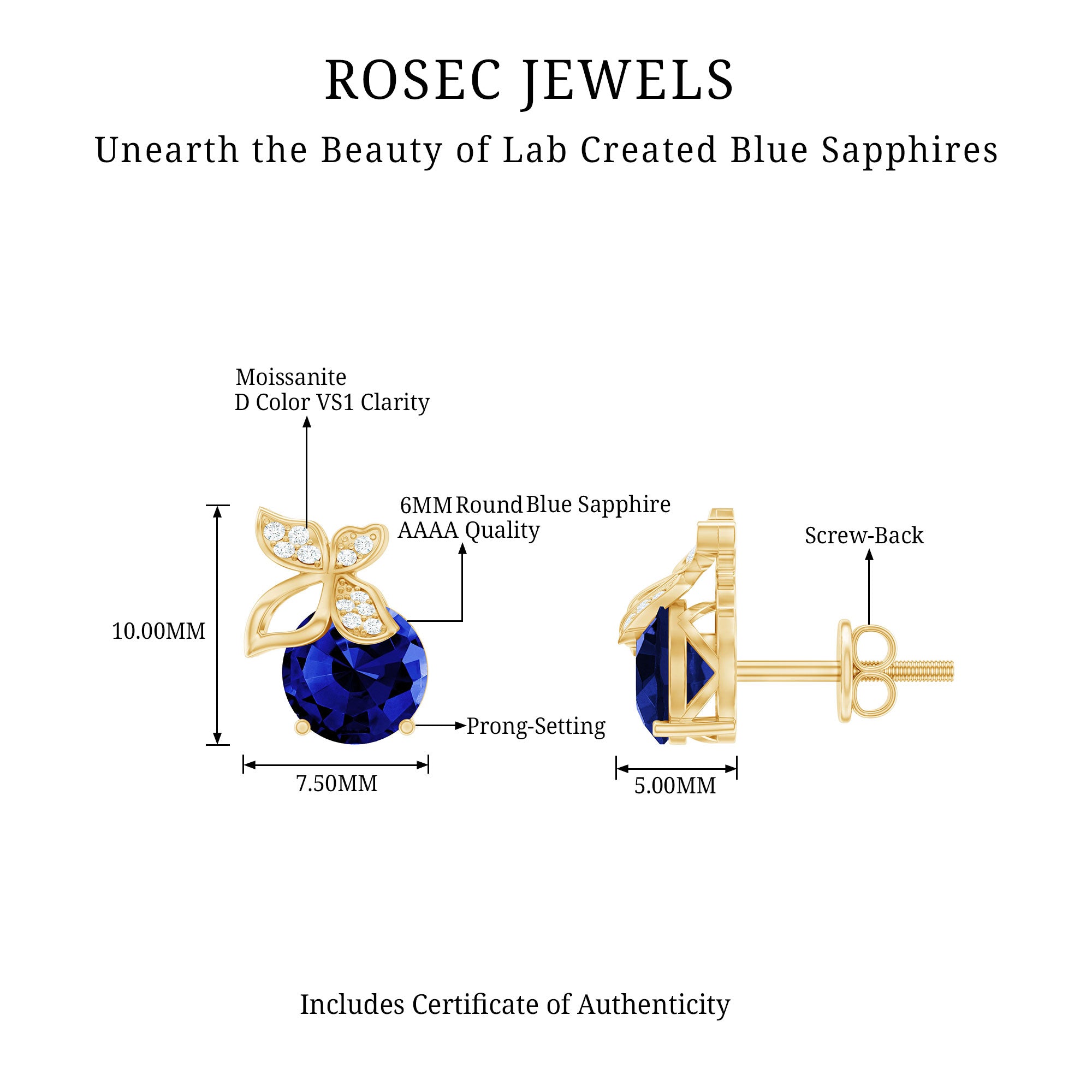 2 Carat Lab Created Blue Sapphire and Diamond Butterfly Stud Earrings AAAA - Rosec Jewels