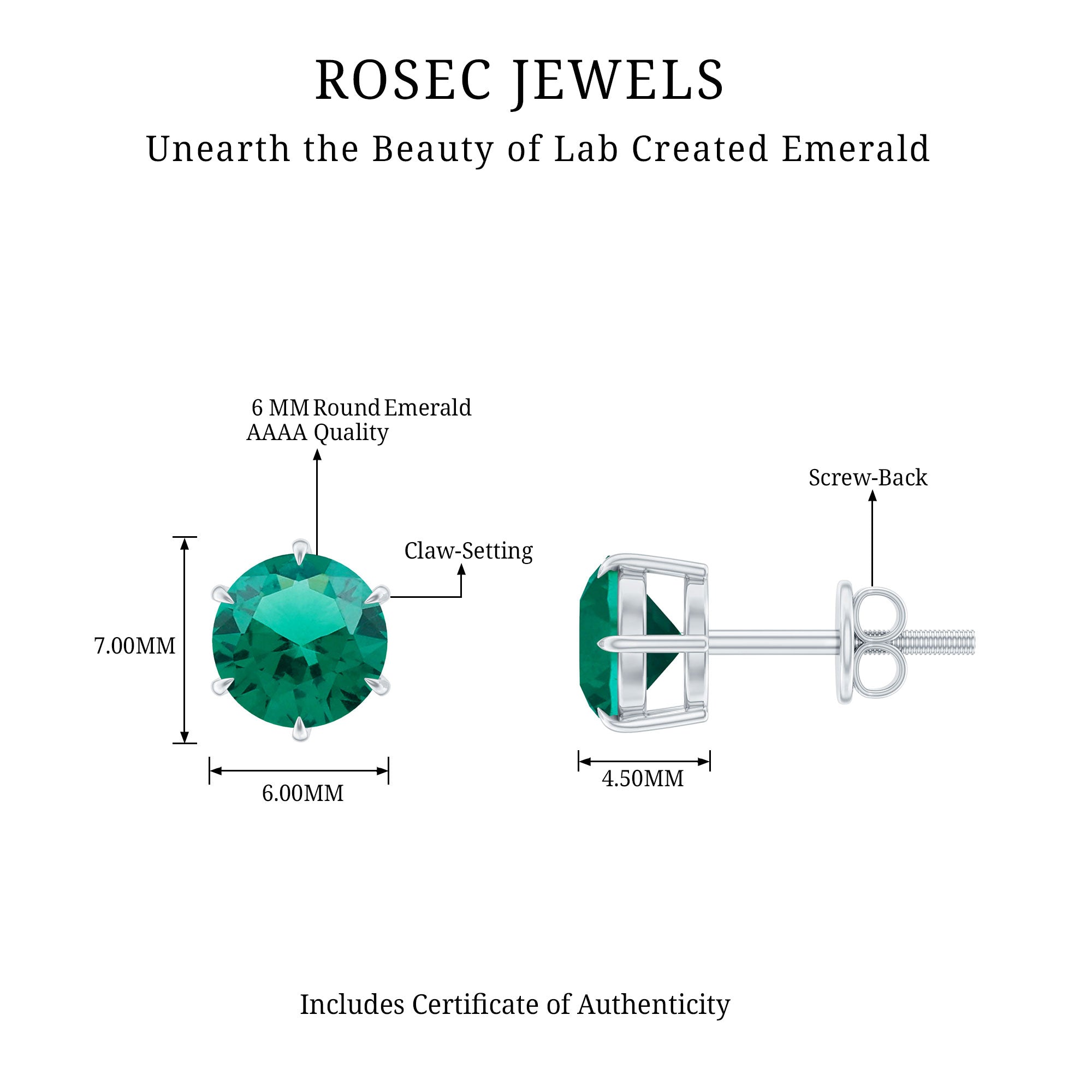 Certified Lab Created Emerald Solitaire Stud Earrings For Her AAAA - Rosec Jewels