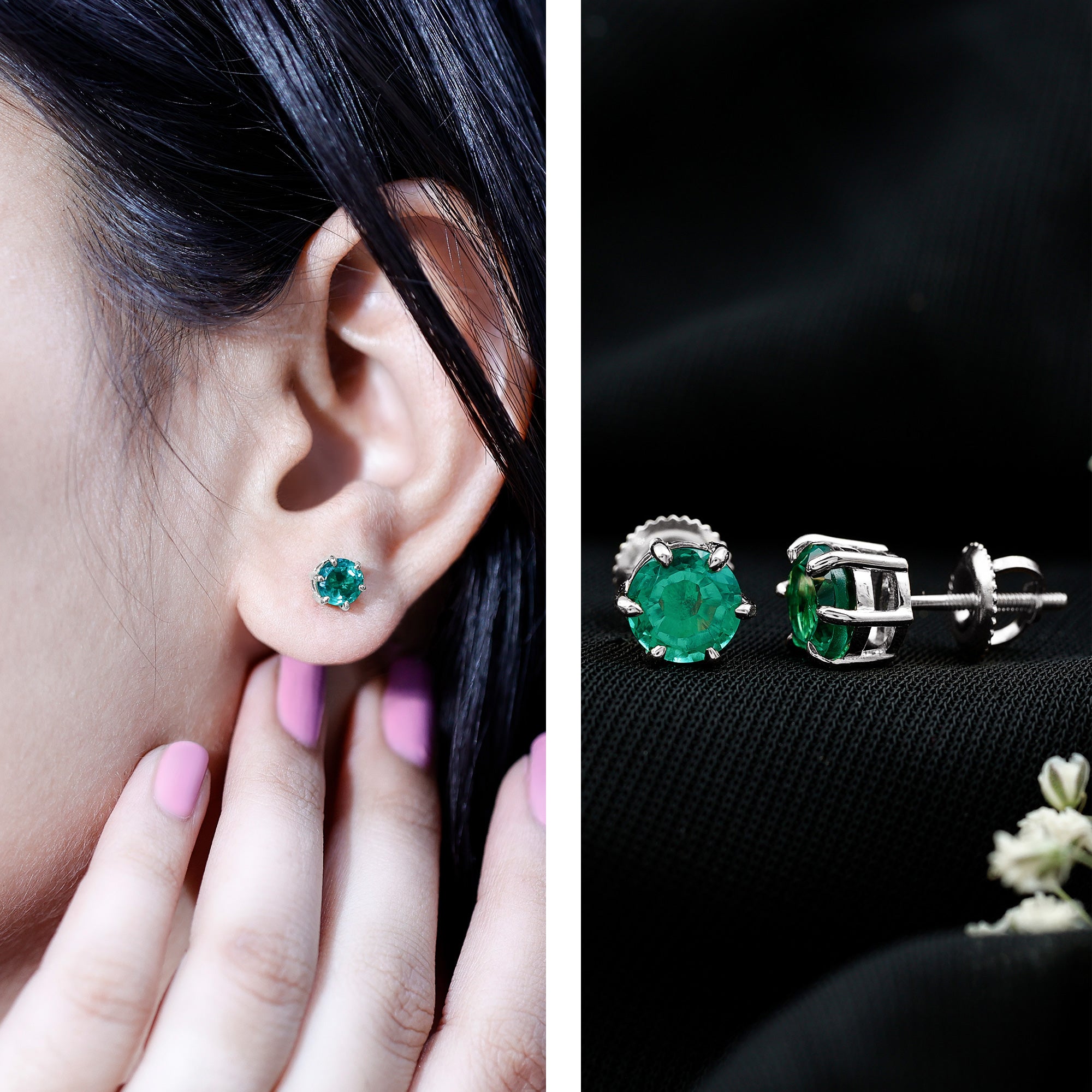 Certified Lab Created Emerald Solitaire Stud Earrings For Her AAAA - Rosec Jewels
