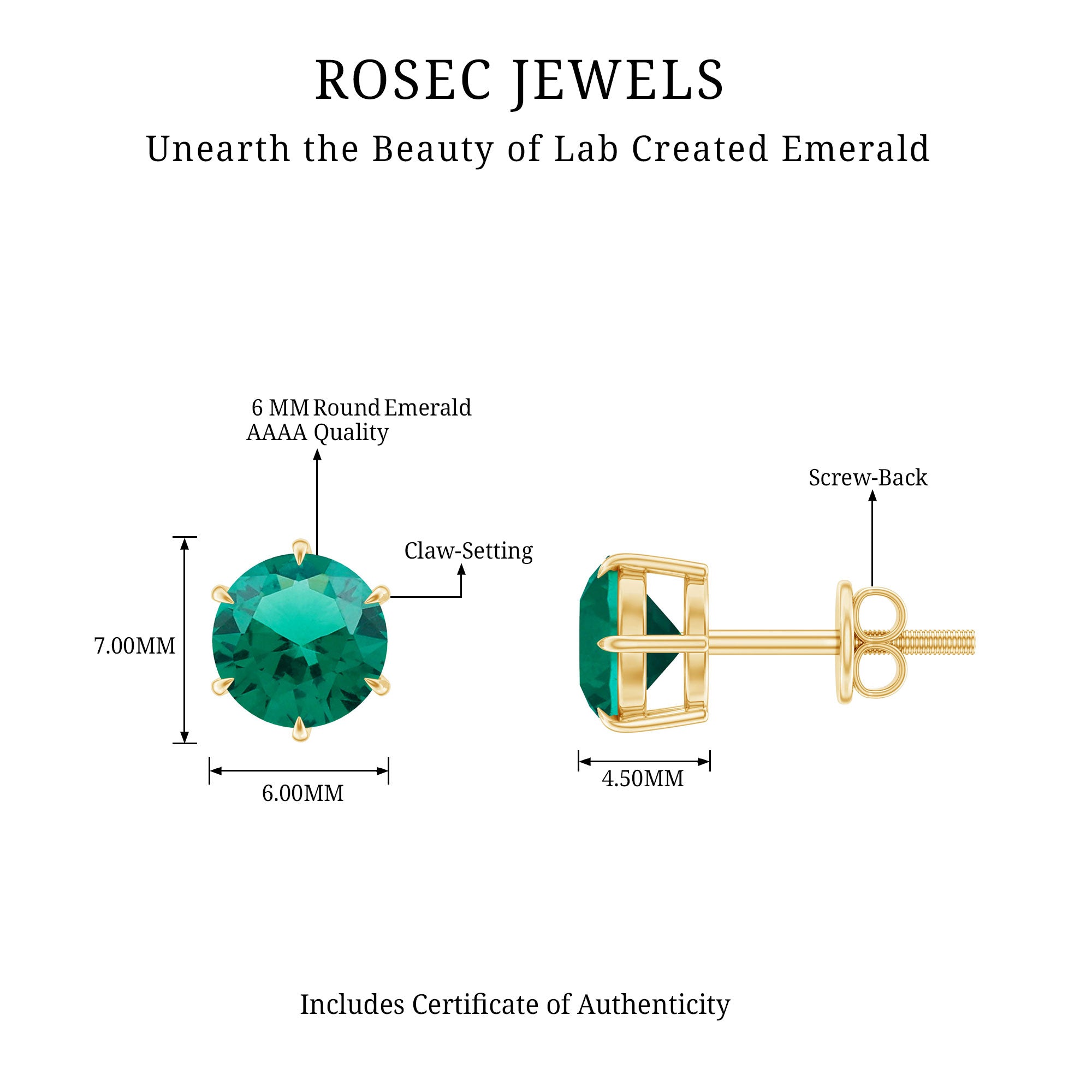 Certified Lab Created Emerald Solitaire Stud Earrings For Her AAAA - Rosec Jewels