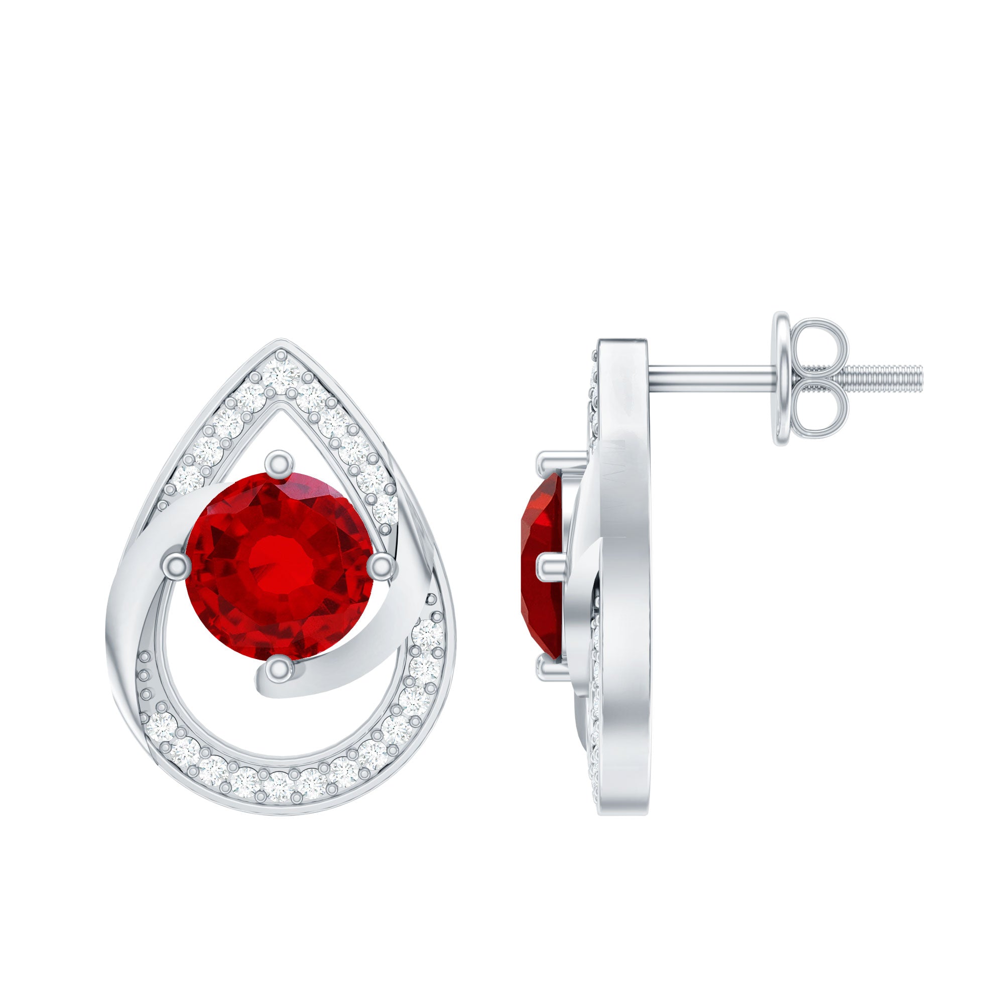 Lab Grown Ruby Teardrop Stud Earrings With Diamond AAAA - Rosec Jewels