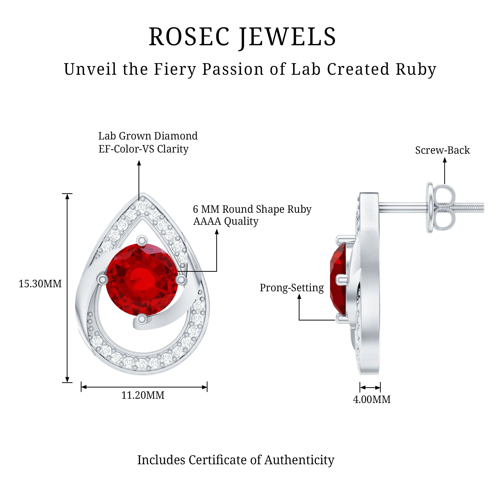 Lab Grown Ruby Teardrop Stud Earrings With Diamond AAAA - Rosec Jewels
