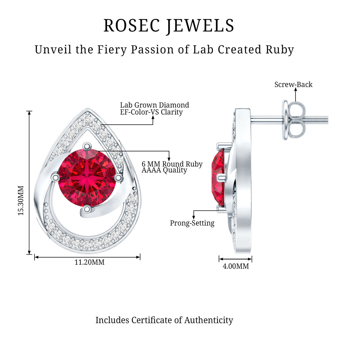 Lab Grown Ruby Teardrop Stud Earrings With Diamond AAAA - Rosec Jewels