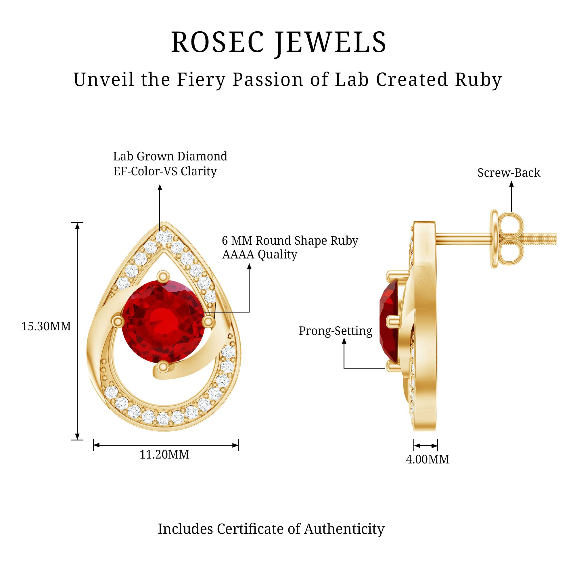 Lab Grown Ruby Teardrop Stud Earrings With Diamond AAAA - Rosec Jewels