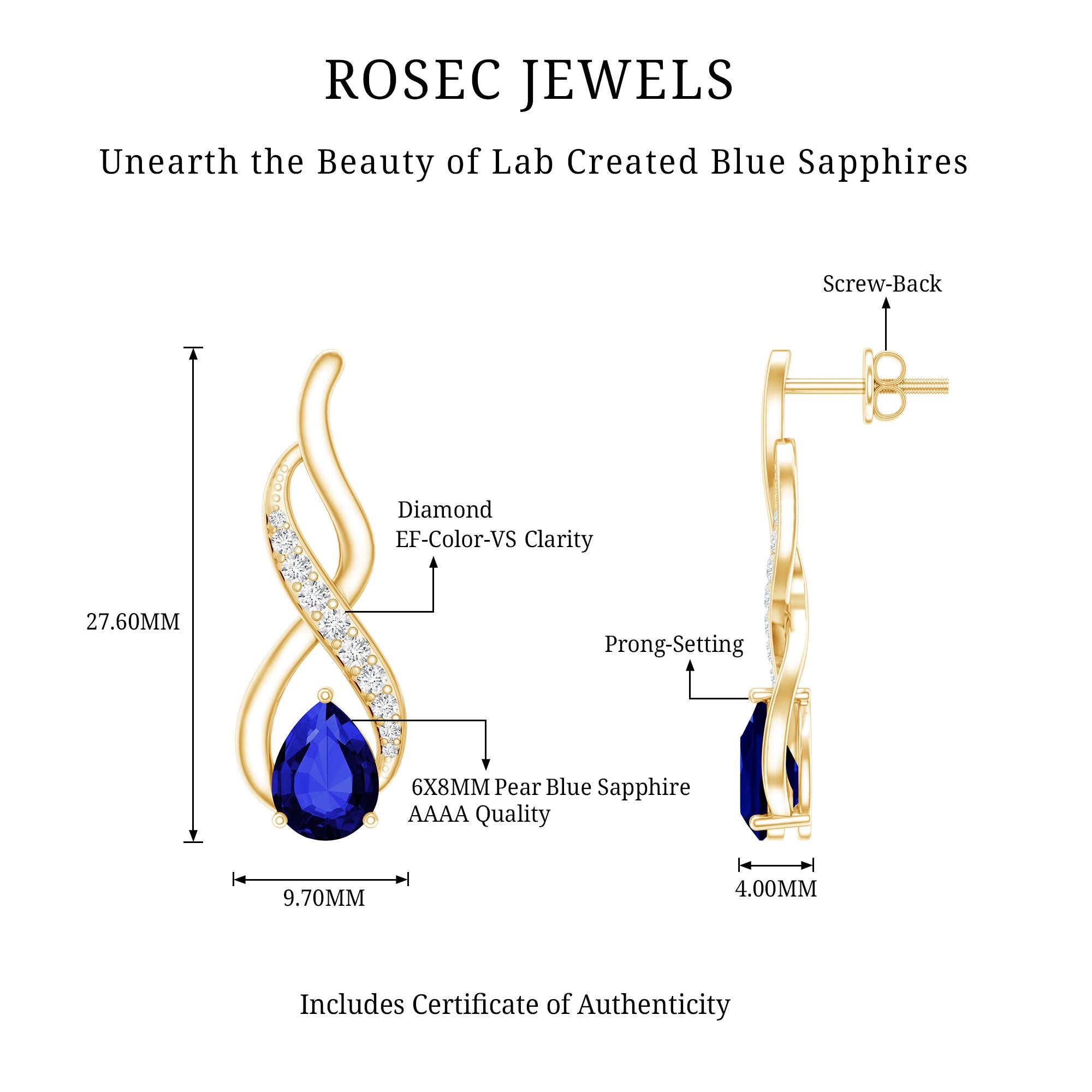 Lab Grown Blue Sapphire Infinity Drop Earrings with Diamond AAAA - Rosec Jewels