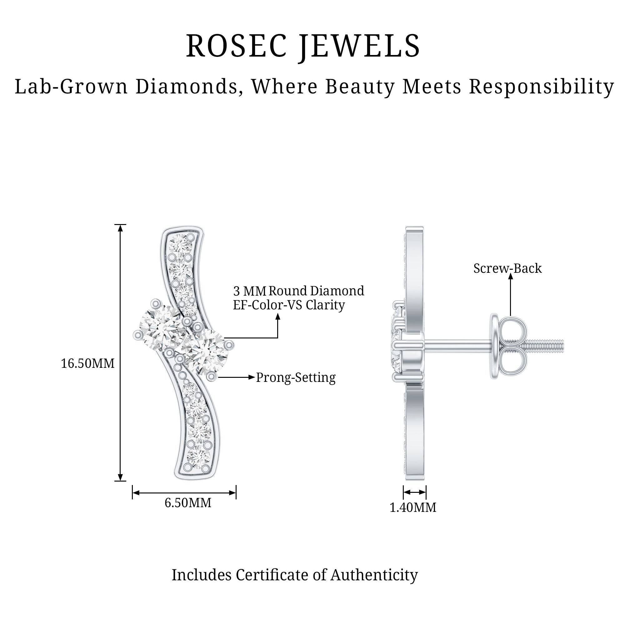 Lab Grown Diamond Two Stone Stud Earrings With Screw Back Lab - ( EF-VS ) - Rosec Jewels