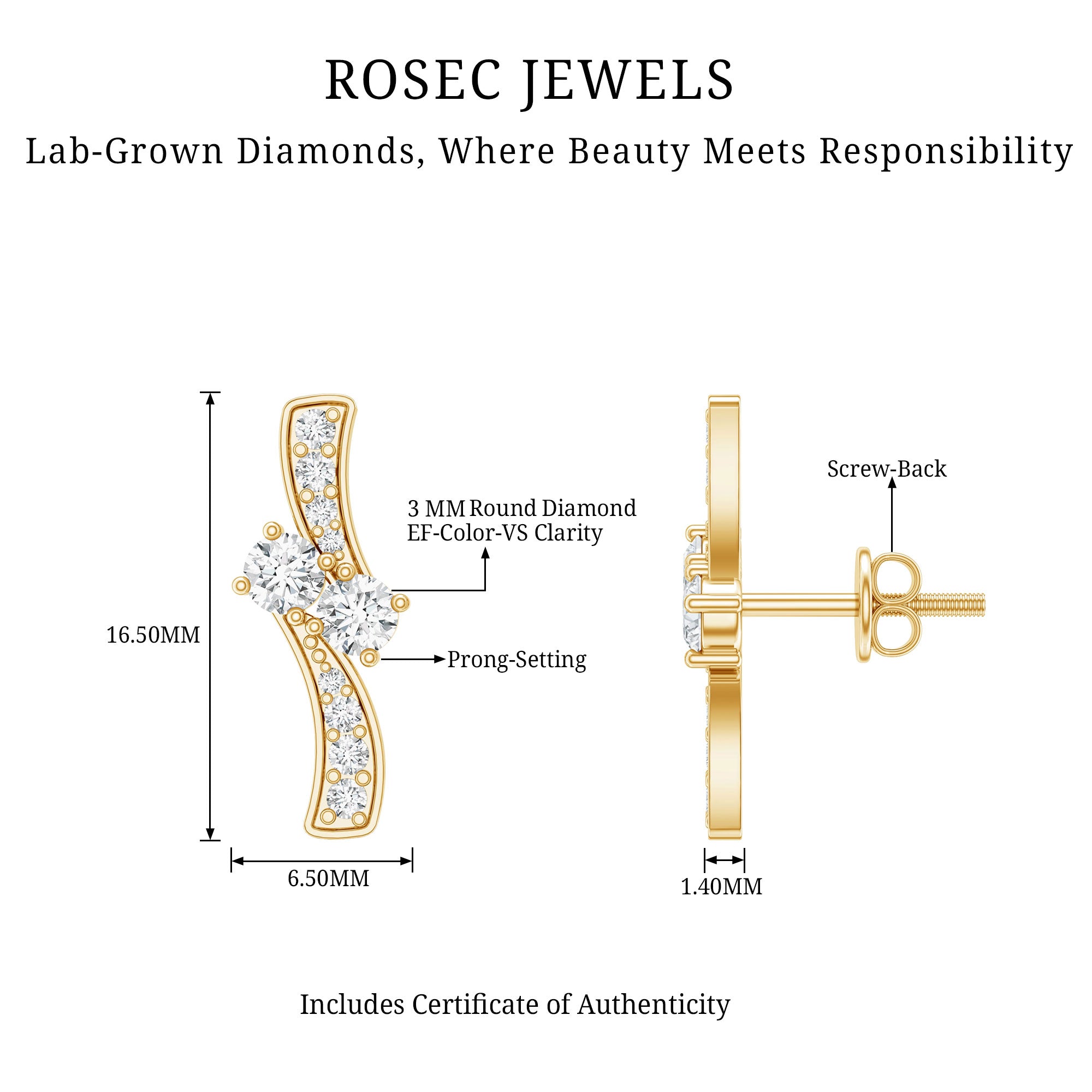 Lab Grown Diamond Two Stone Stud Earrings With Screw Back Lab - ( EF-VS ) - Rosec Jewels