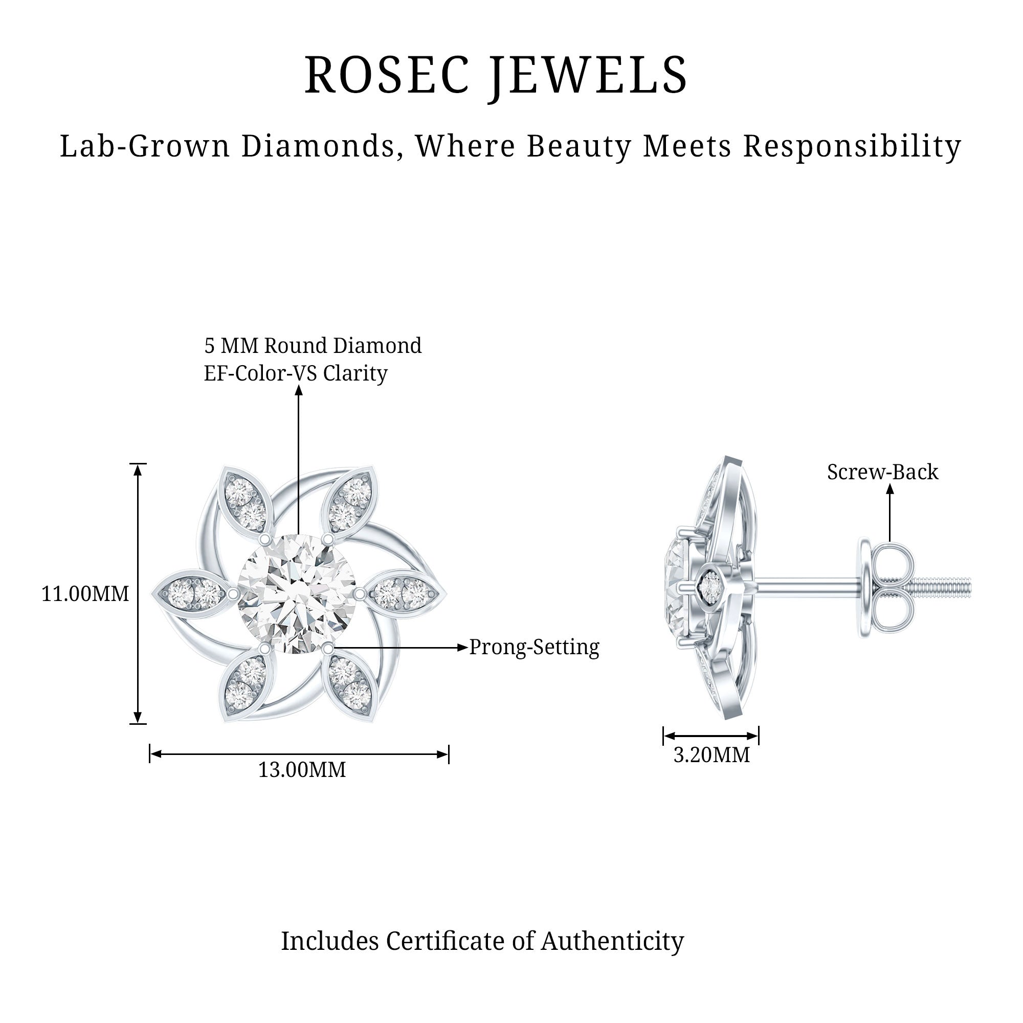 Certified Lab Grown Diamond Flower Stud Earrings With Screw Back Lab - ( EF-VS ) - Rosec Jewels