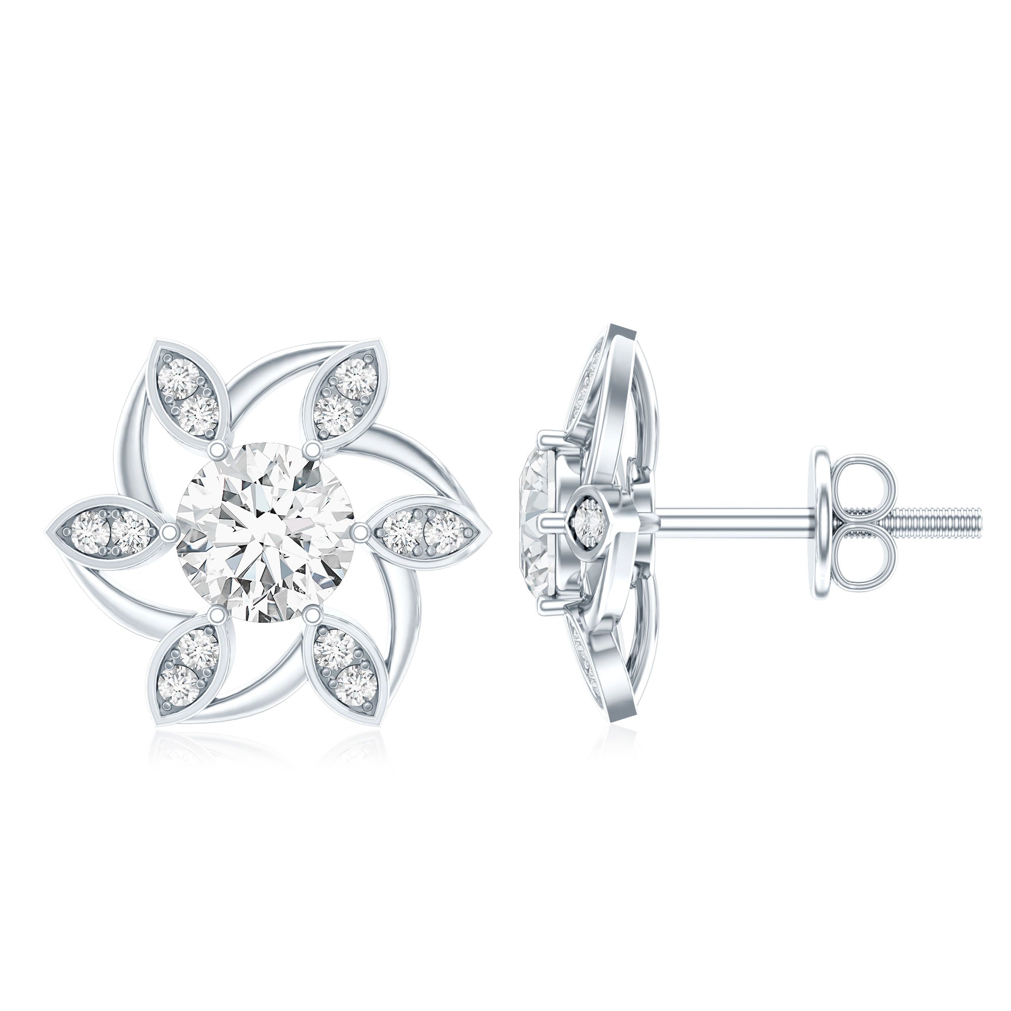 Certified Lab Grown Diamond Flower Stud Earrings With Screw Back Lab - ( EF-VS ) - Rosec Jewels