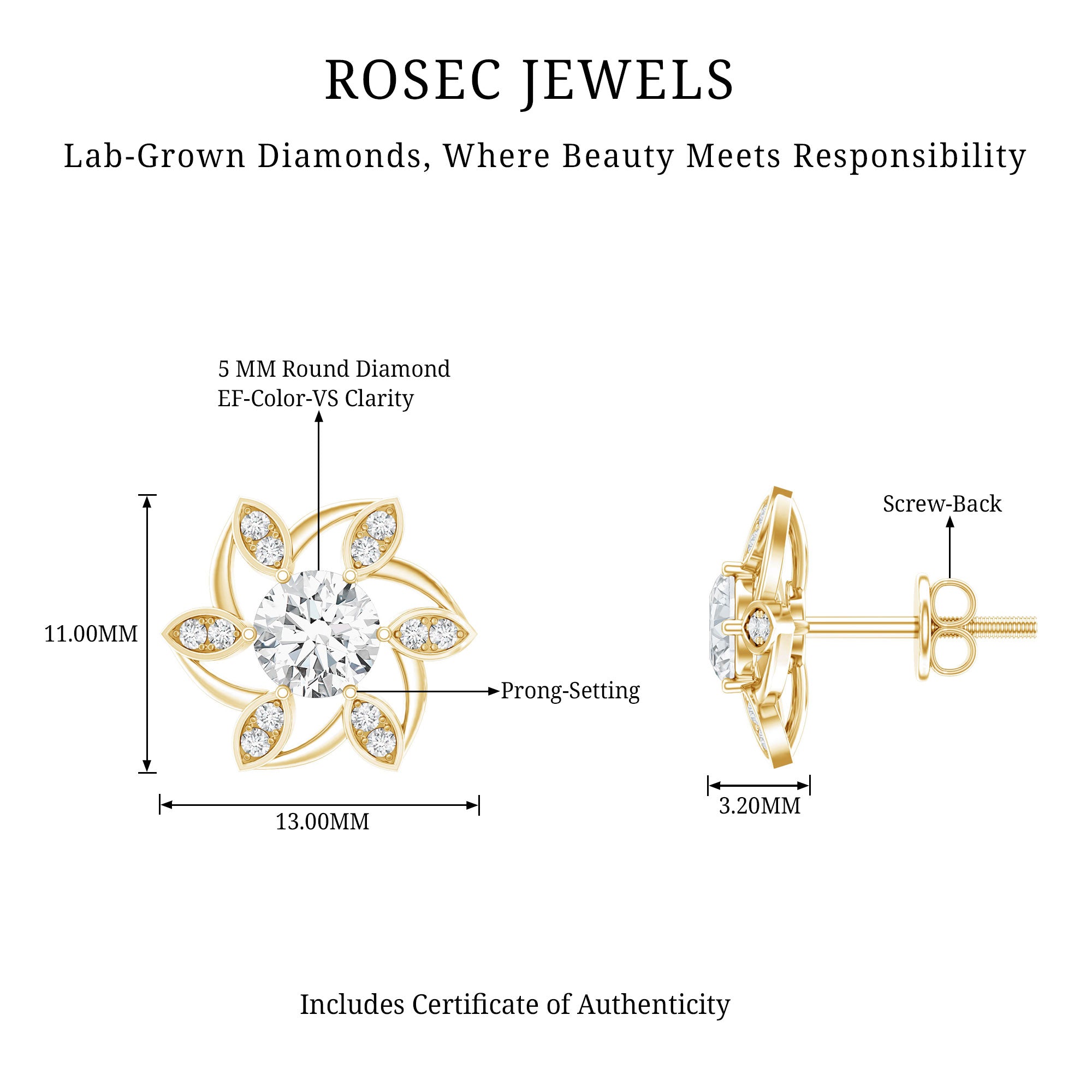 Certified Lab Grown Diamond Flower Stud Earrings With Screw Back Lab - ( EF-VS ) - Rosec Jewels