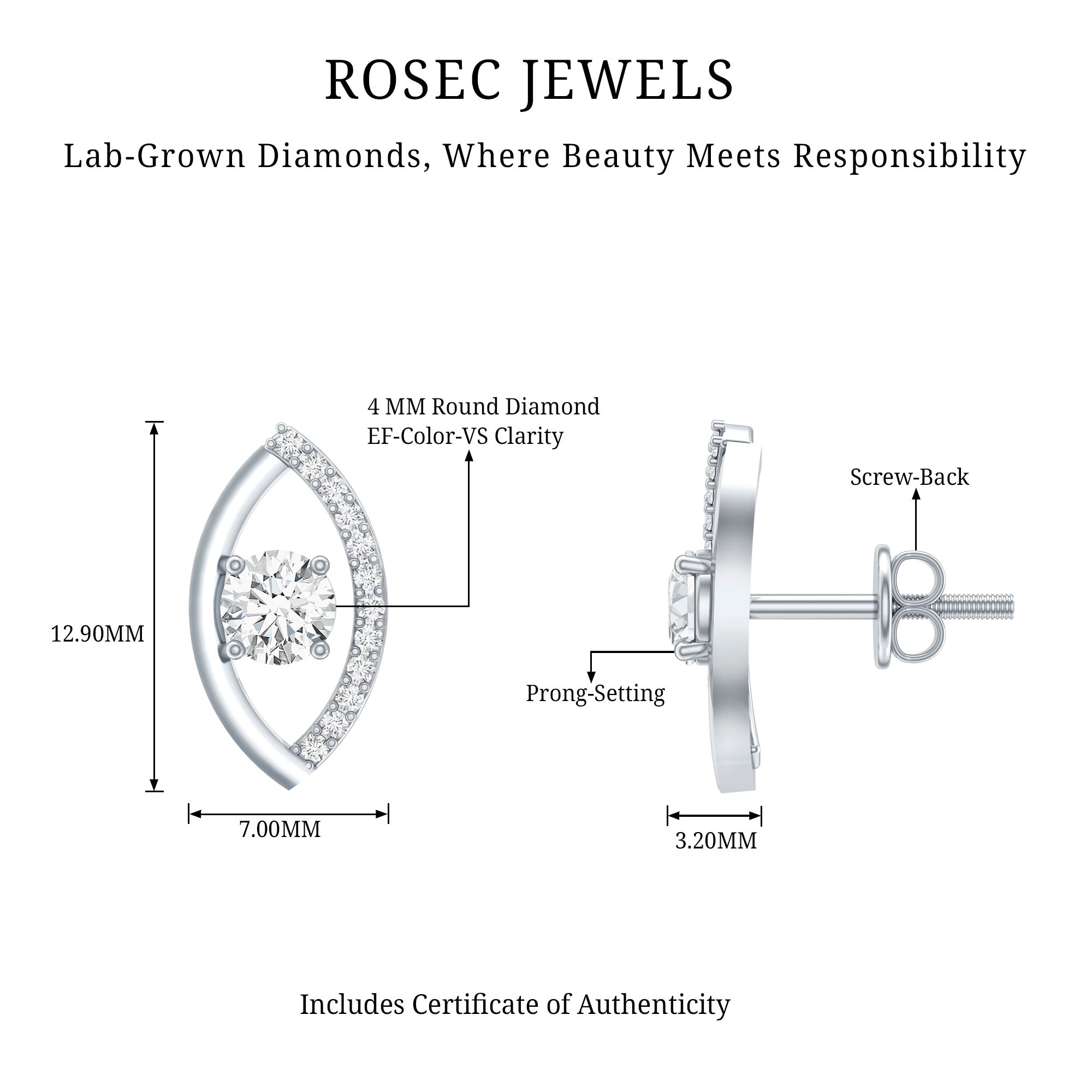 Certified Lab Grown Diamond Minimalist Stud Earrings Lab - ( EF-VS ) - Rosec Jewels