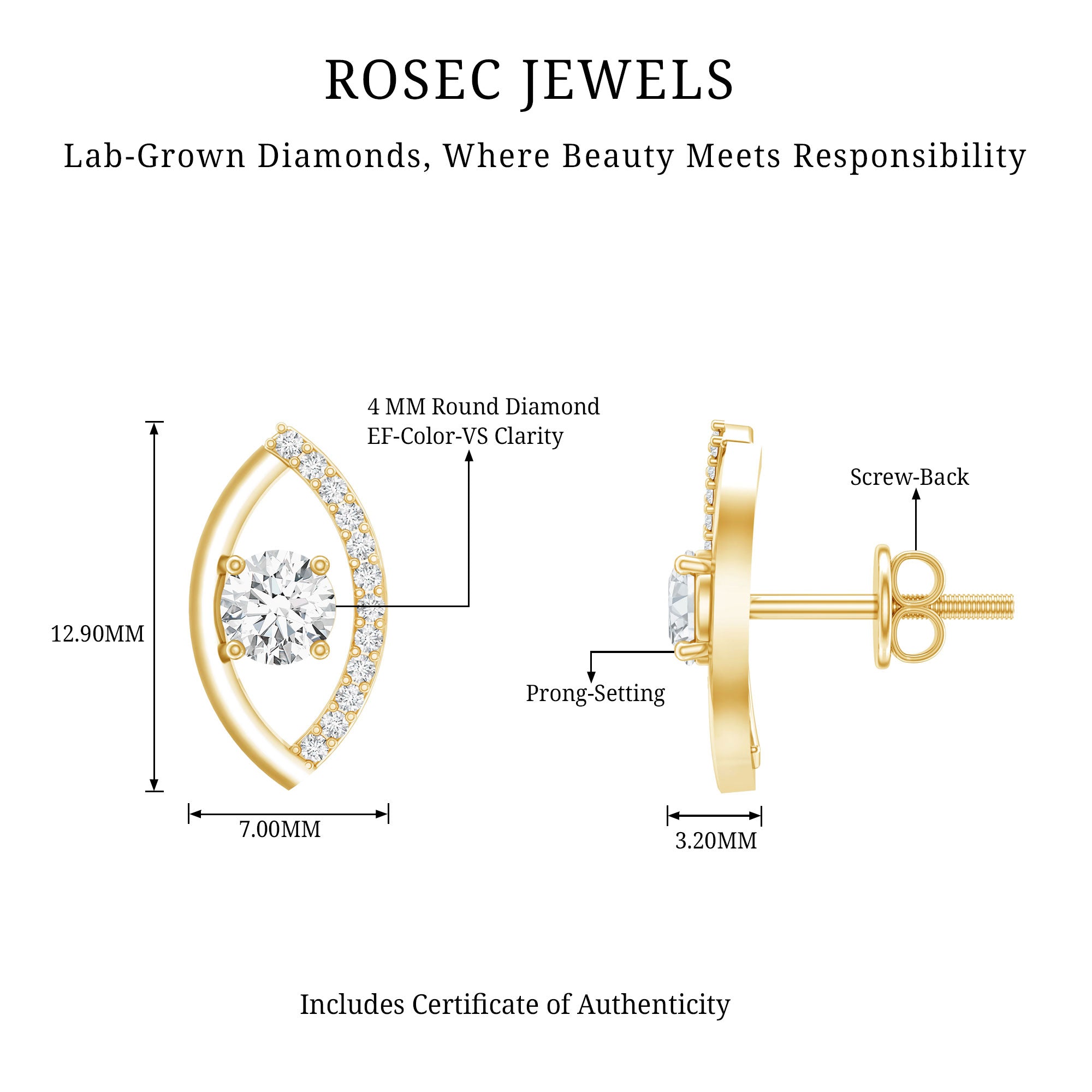 Certified Lab Grown Diamond Minimalist Stud Earrings Lab - ( EF-VS ) - Rosec Jewels