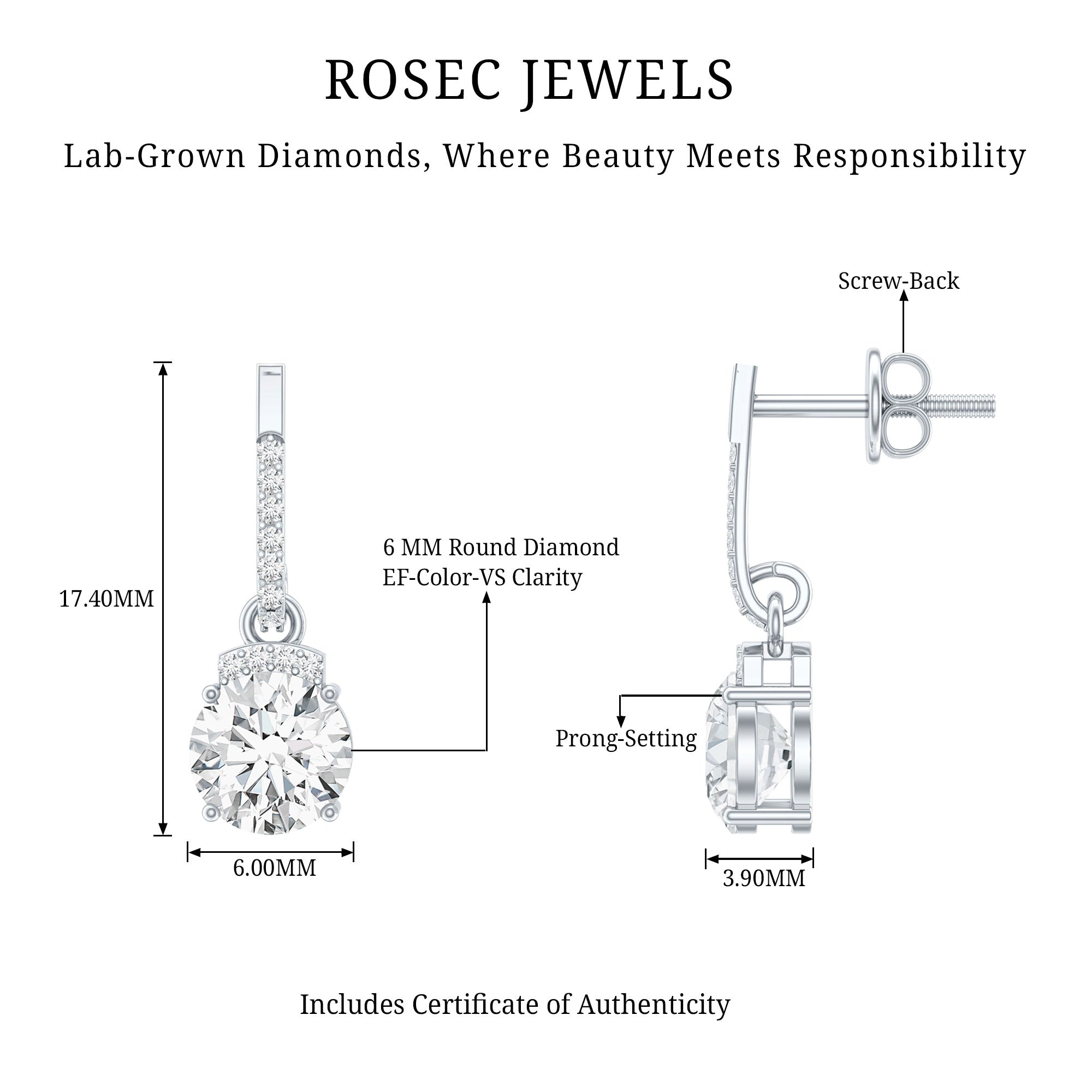 Certified Lab Grown Diamond Bridal Drop Earrings Lab - ( EF-VS ) - Rosec Jewels