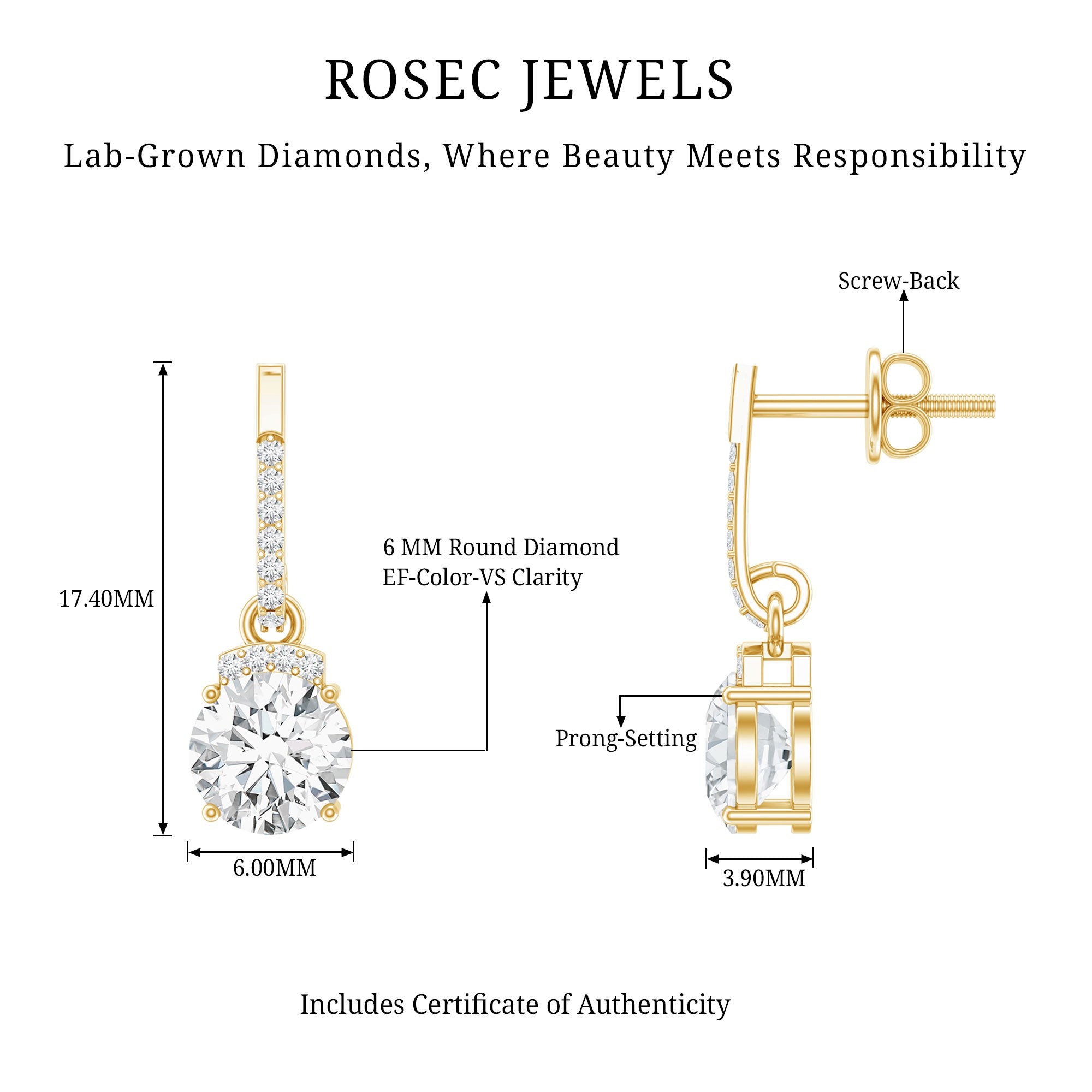 Certified Lab Grown Diamond Bridal Drop Earrings Lab - ( EF-VS ) - Rosec Jewels