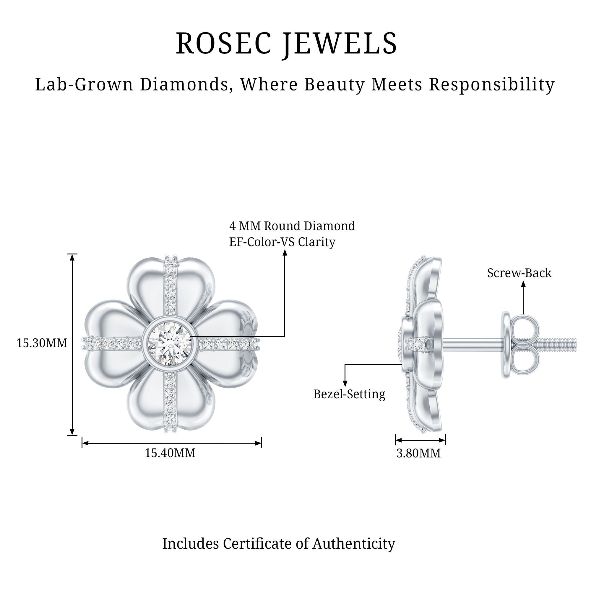 Lab Grown Diamond Flower Stud Earrings With Screw Back Lab - ( EF-VS ) - Rosec Jewels