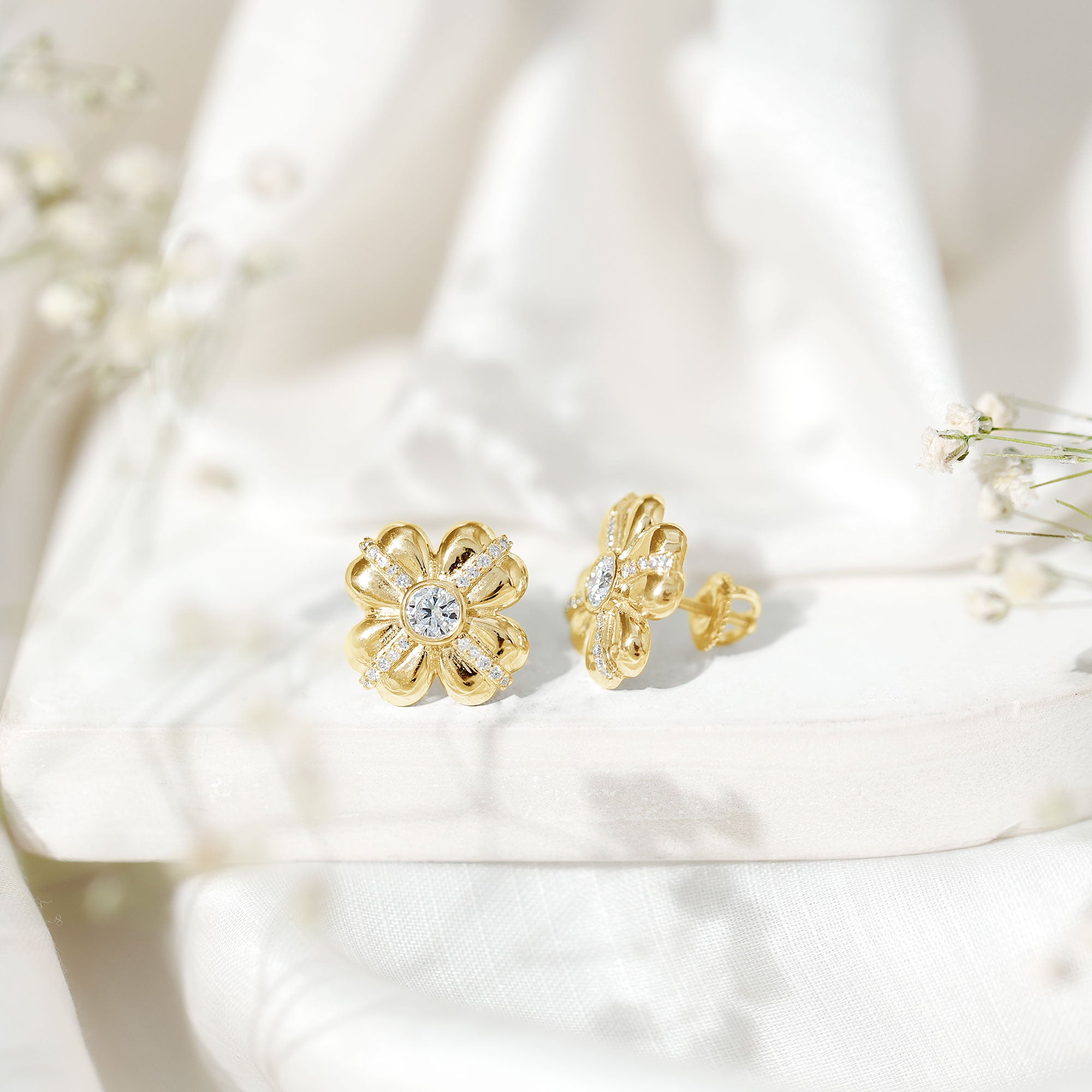 Lab Grown Diamond Flower Stud Earrings With Screw Back Lab - ( EF-VS ) - Rosec Jewels