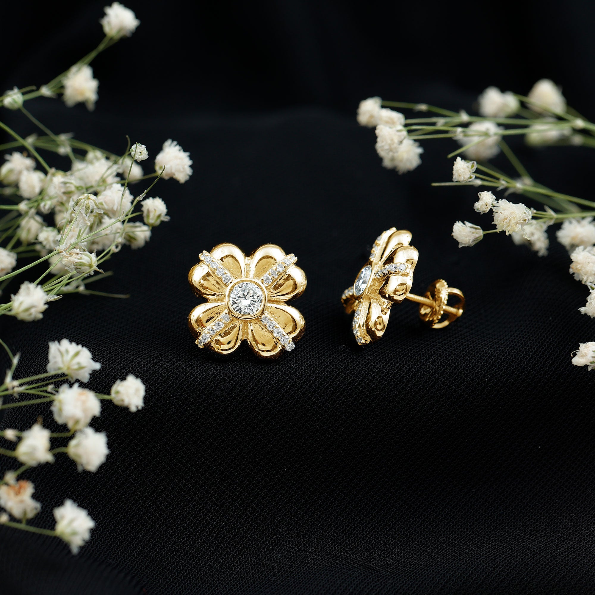 Lab Grown Diamond Flower Stud Earrings With Screw Back Lab - ( EF-VS ) - Rosec Jewels
