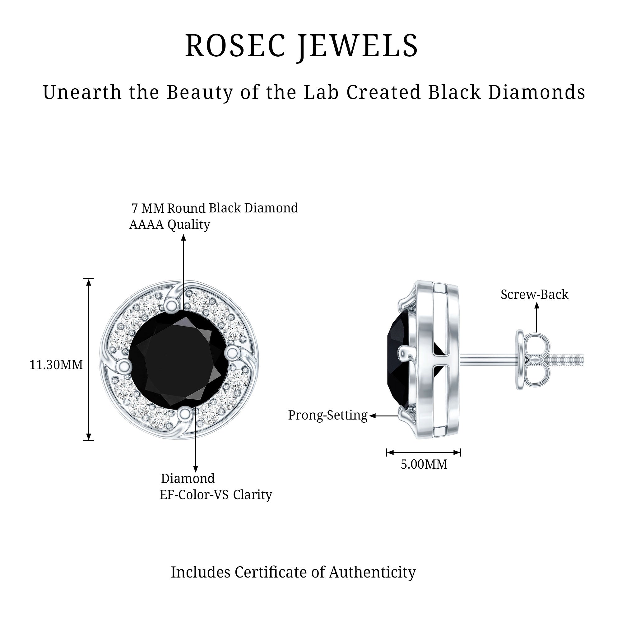Lab Grown Black Diamond Halo Stud Earrings With Screw Back AAAA ( Synthetic ) - Rosec Jewels