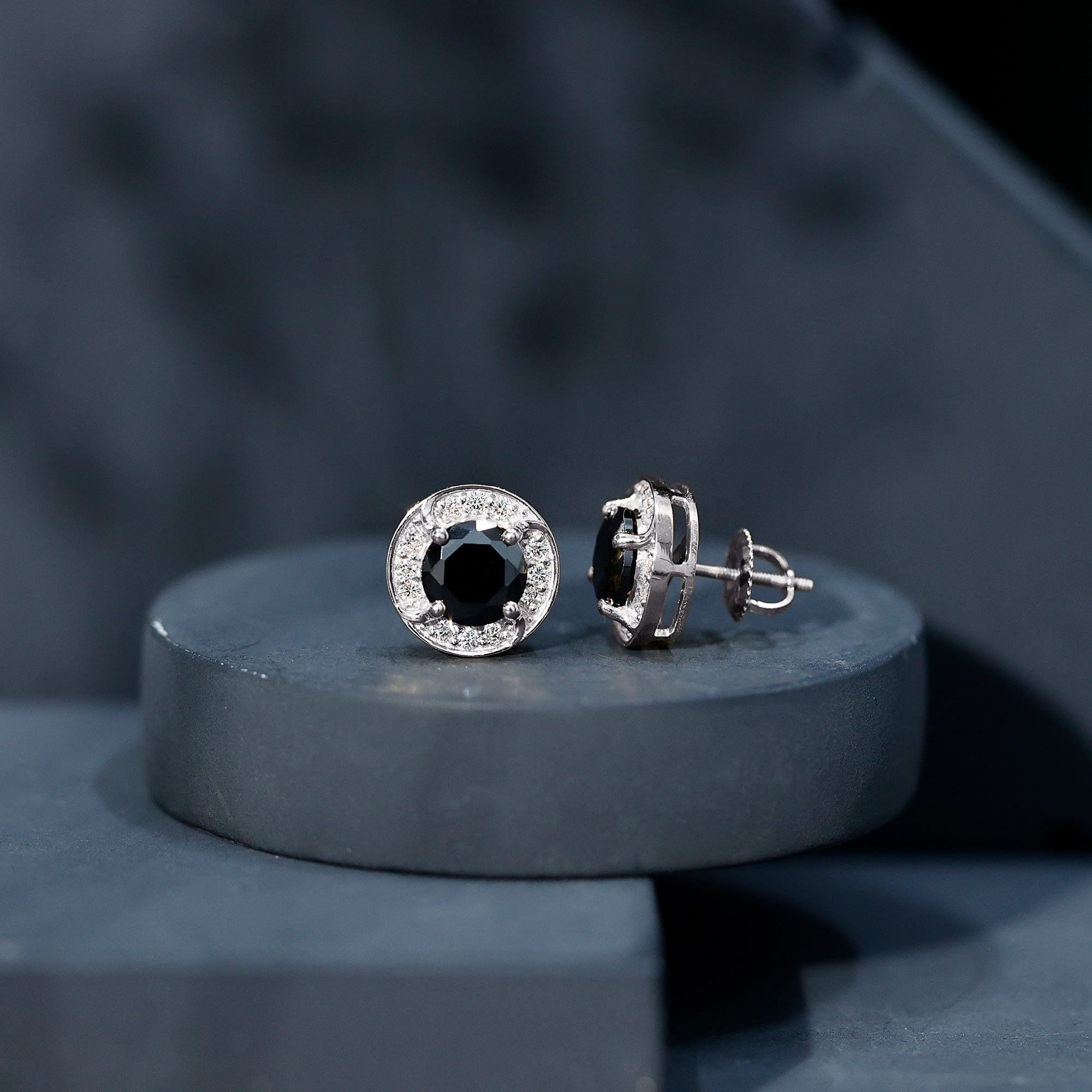 Lab Grown Black Diamond Halo Stud Earrings With Screw Back AAAA ( Synthetic ) - Rosec Jewels