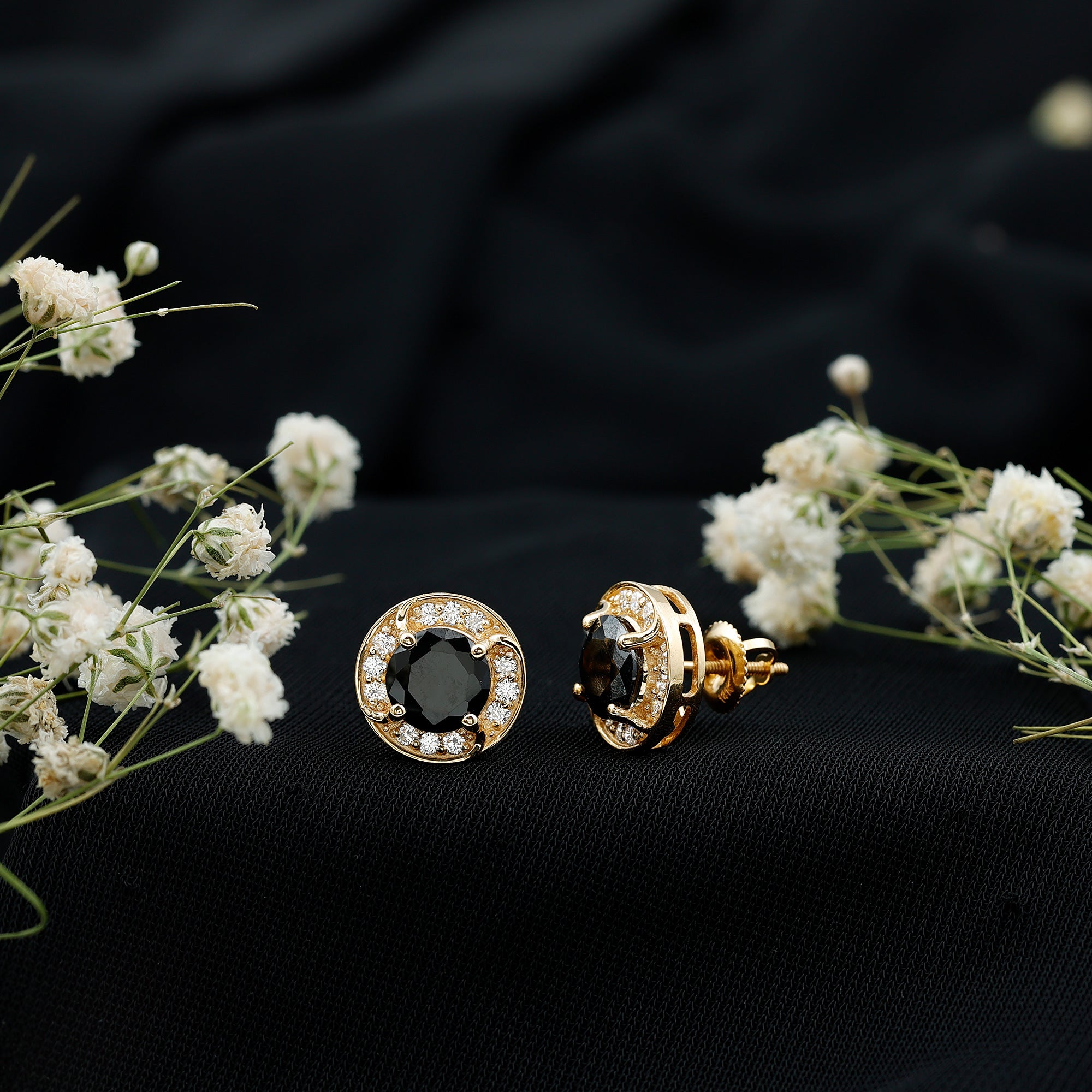 Lab Grown Black Diamond Halo Stud Earrings With Screw Back AAAA ( Synthetic ) - Rosec Jewels