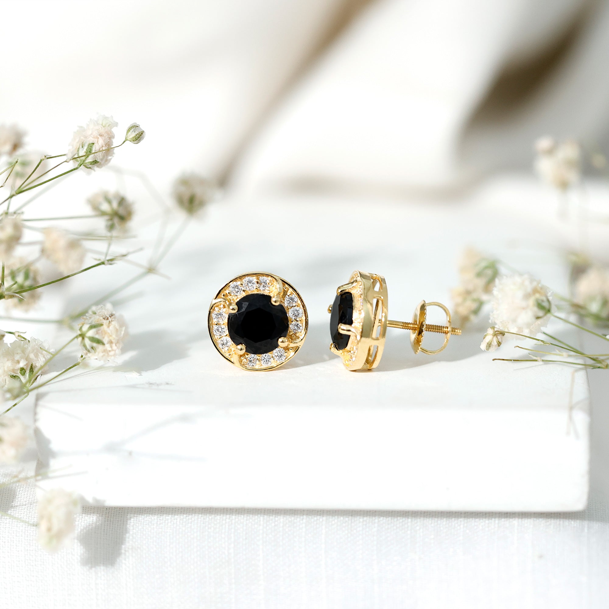 Lab Grown Black Diamond Halo Stud Earrings With Screw Back AAAA ( Synthetic ) - Rosec Jewels