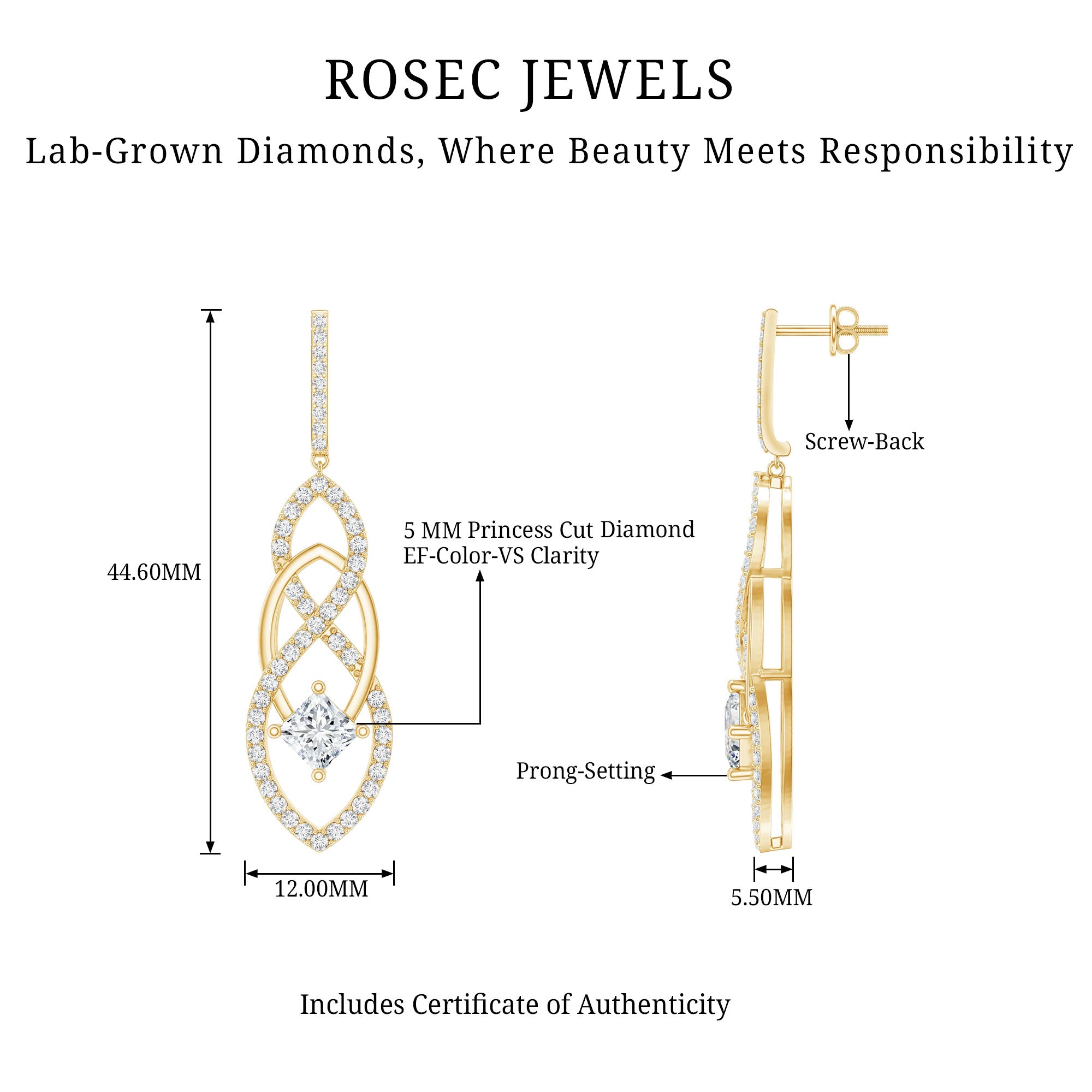 Certified Lab Grown Bridal Dangle Earrings Lab - ( EF-VS ) - Rosec Jewels