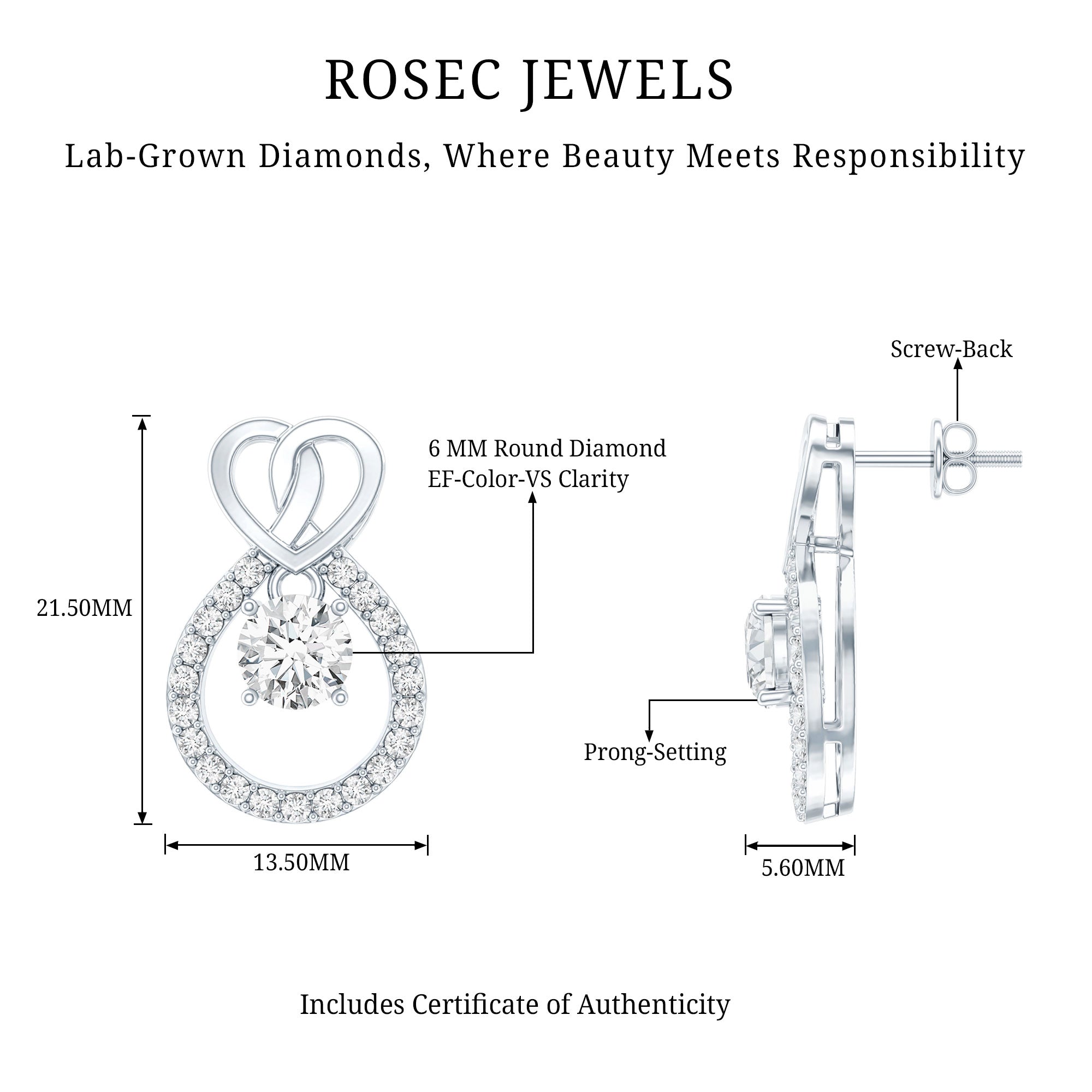 Certified Lab Grown Diamond Infinity Stud Earrings Lab - ( EF-VS ) - Rosec Jewels